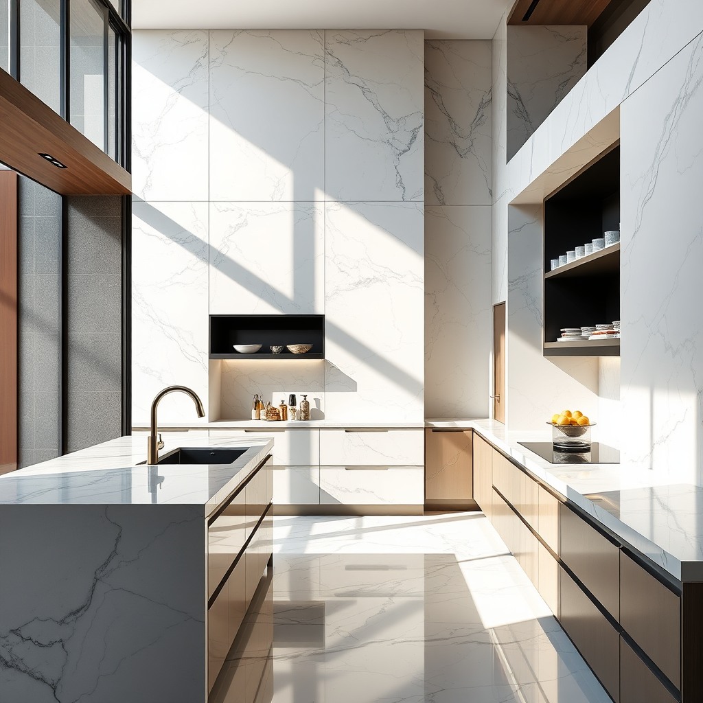 luxury modern kitchen, marble textures, soft daylight, architectural photography