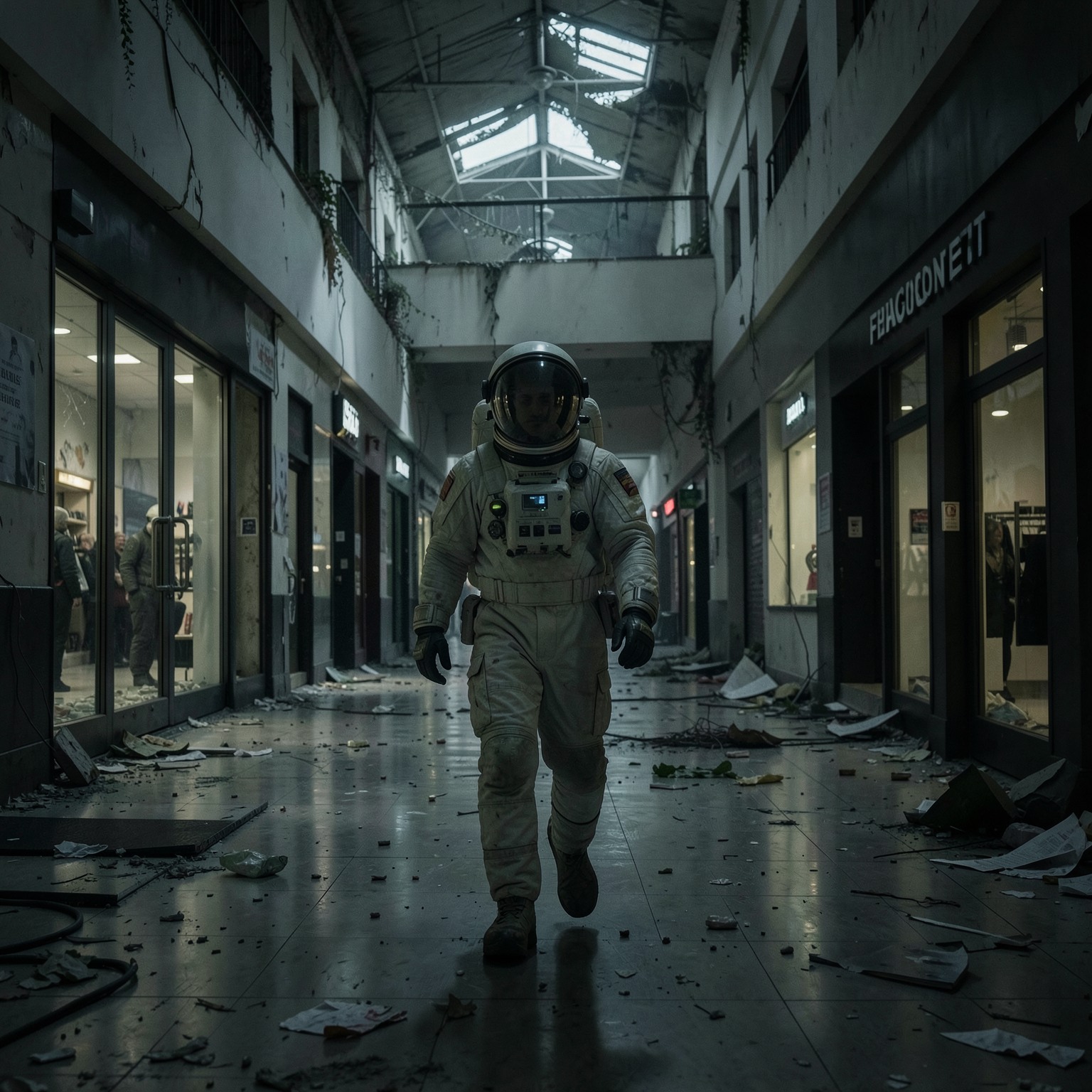 astronaut walking through abandoned shopping mall, realistic lighting, eerie mood, cinematic scene