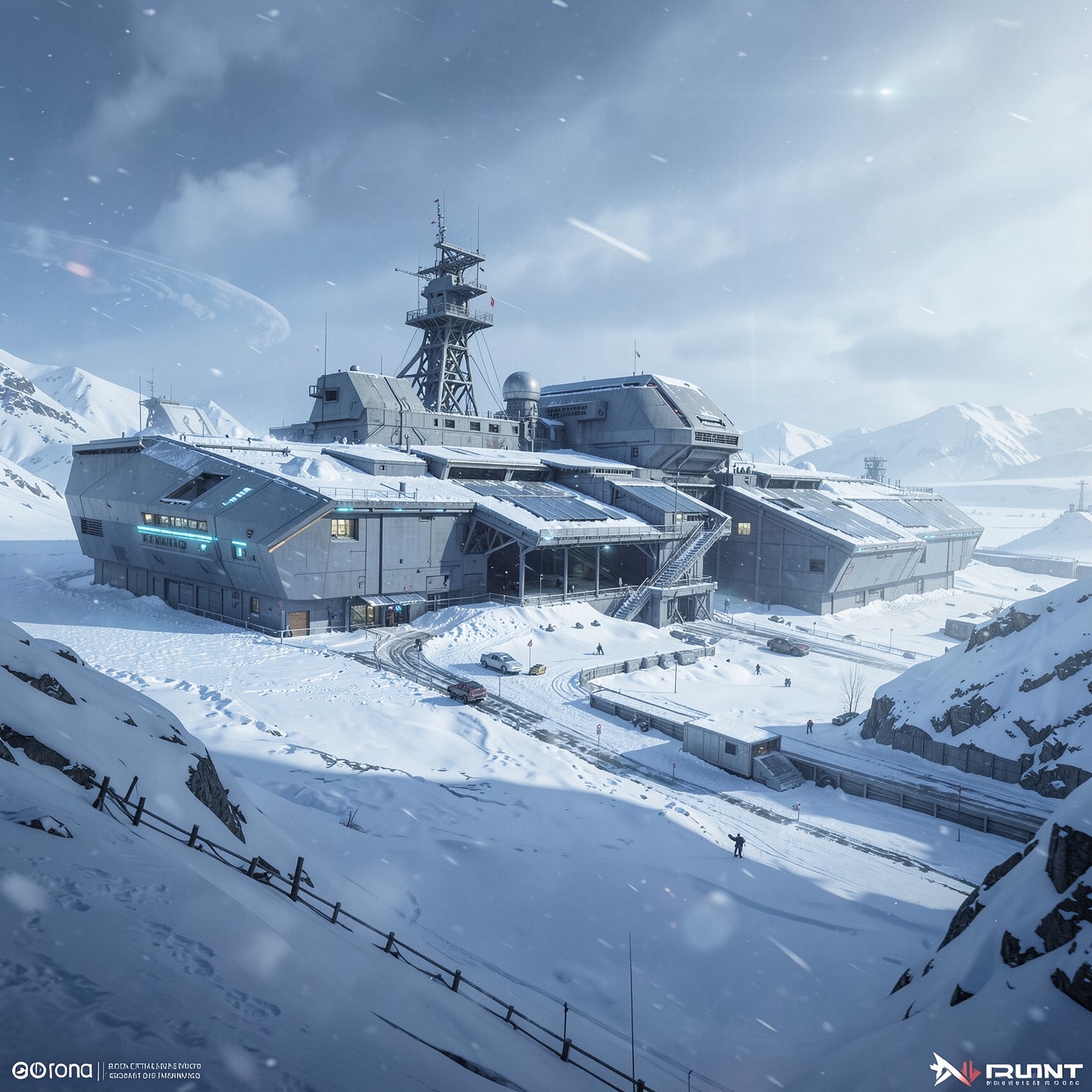 Futuristic military base in Arctic snow