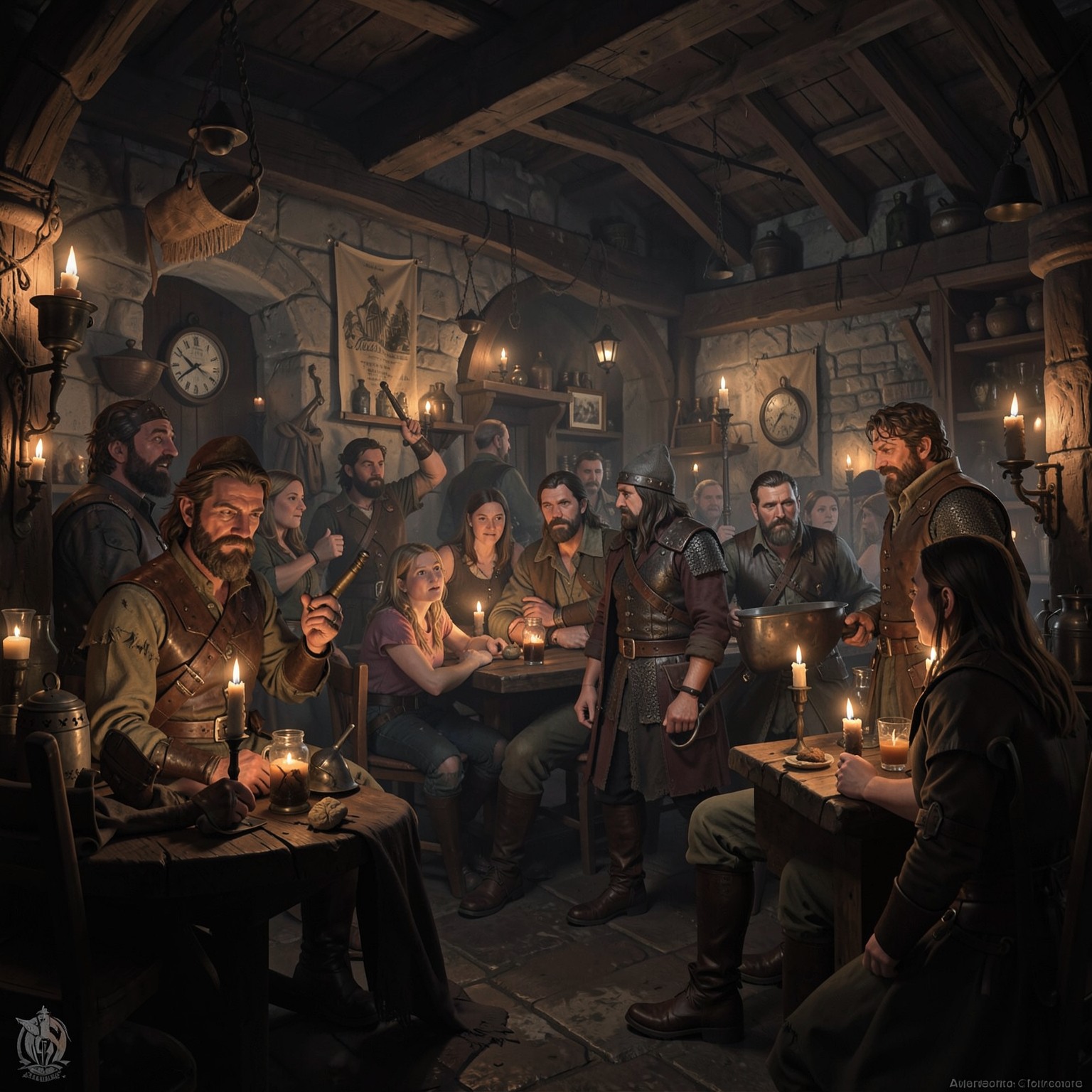 medieval tavern interior full of adventurers and candles