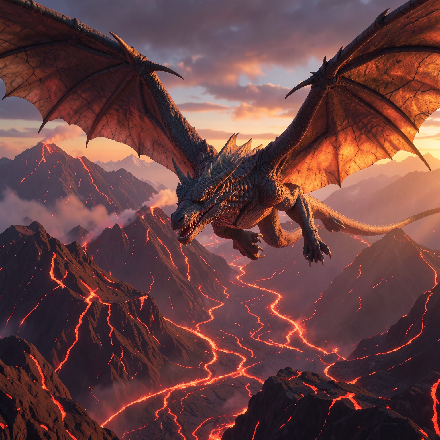 ultra detailed dragon flying above volcanic mountains at sunset