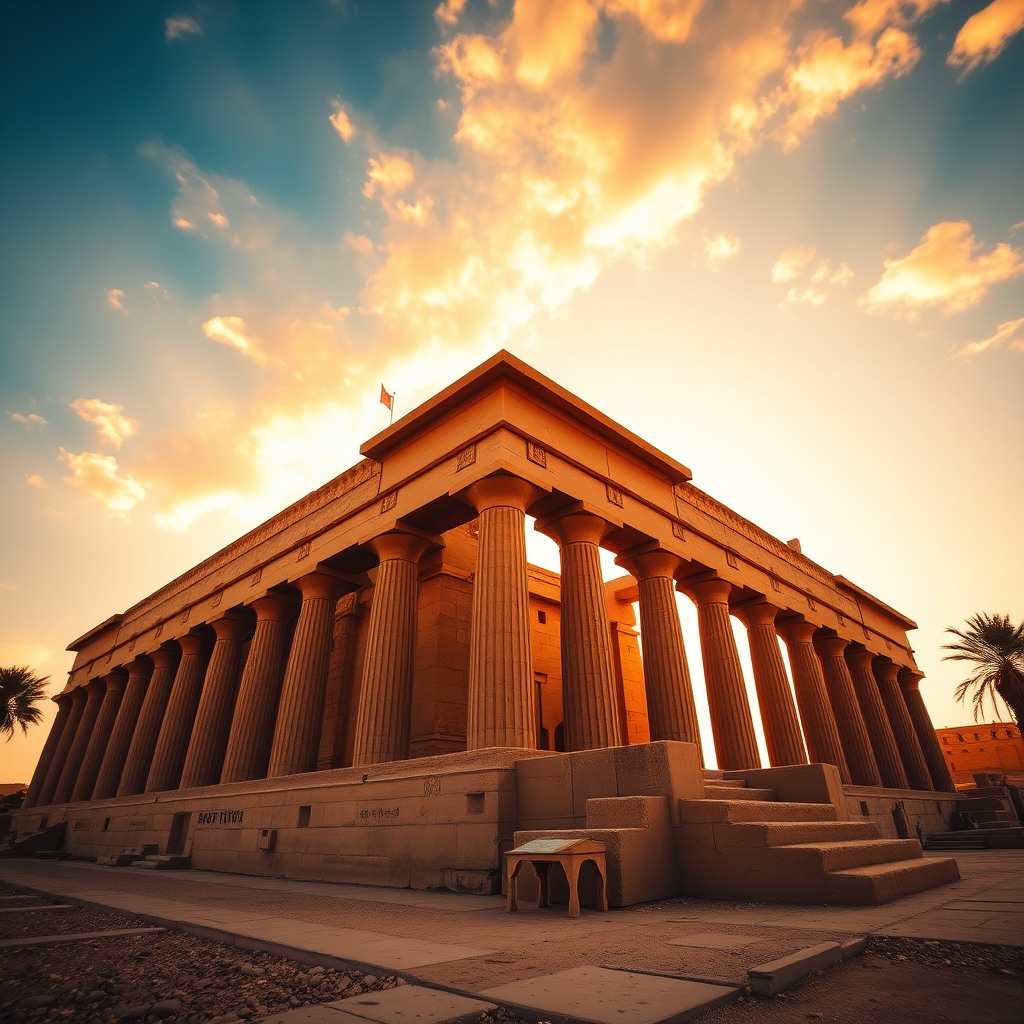 ancient egyptian temple at sunset, golden light, epic wide angle, ultra detailed