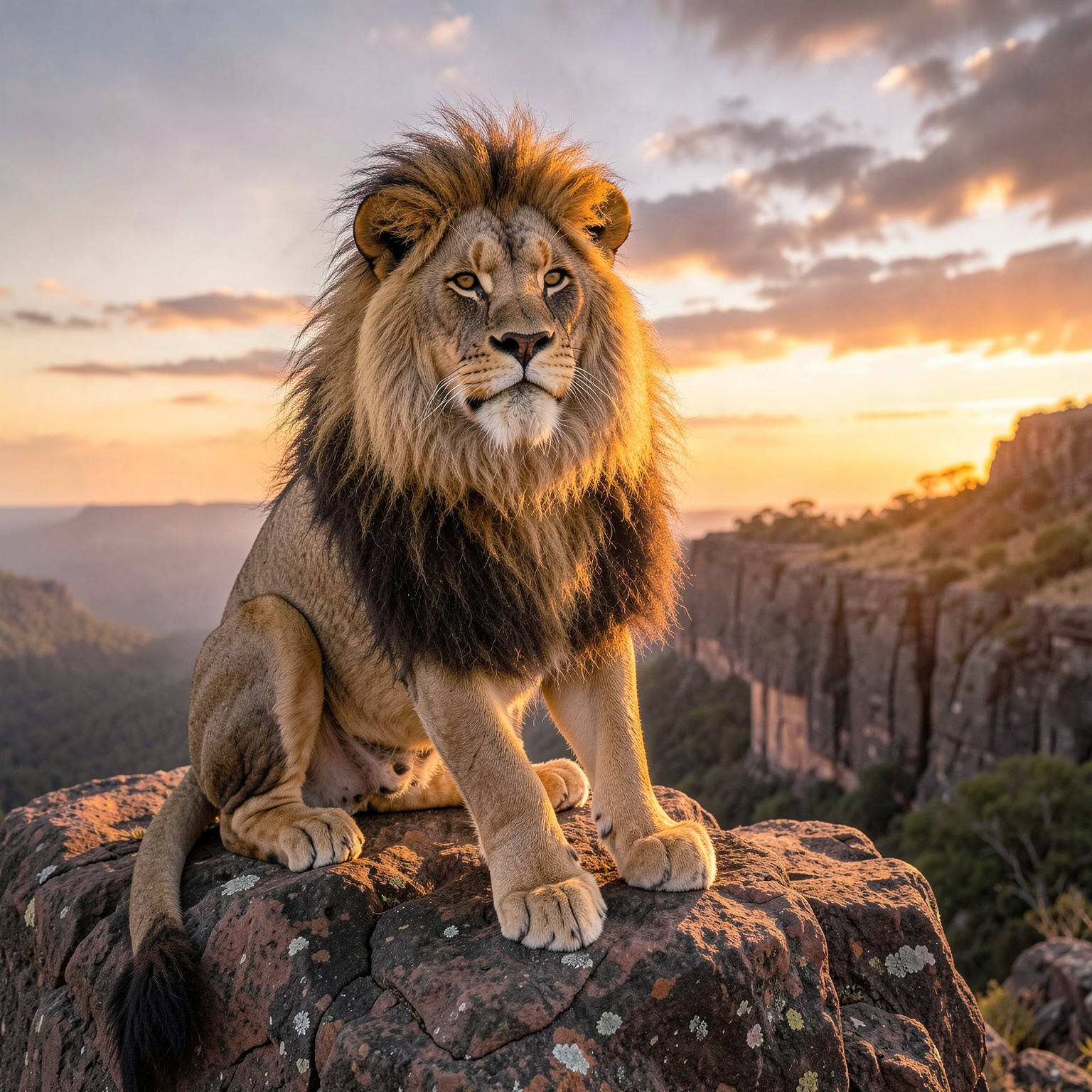 realistic lion king sitting on rocky cliff during sunrise