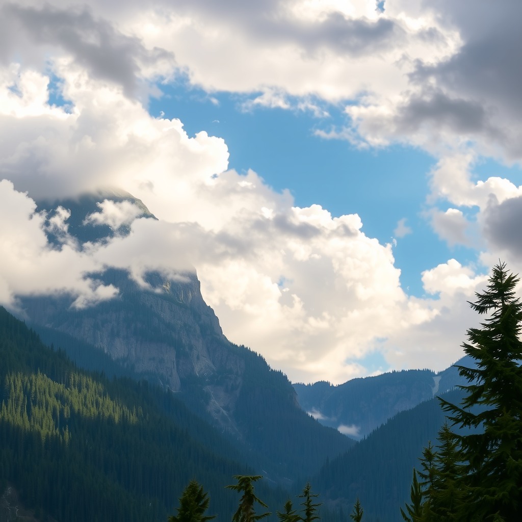 Photo-realistic mountainous landscape after rainfall, visible clouds lifting, crisp details