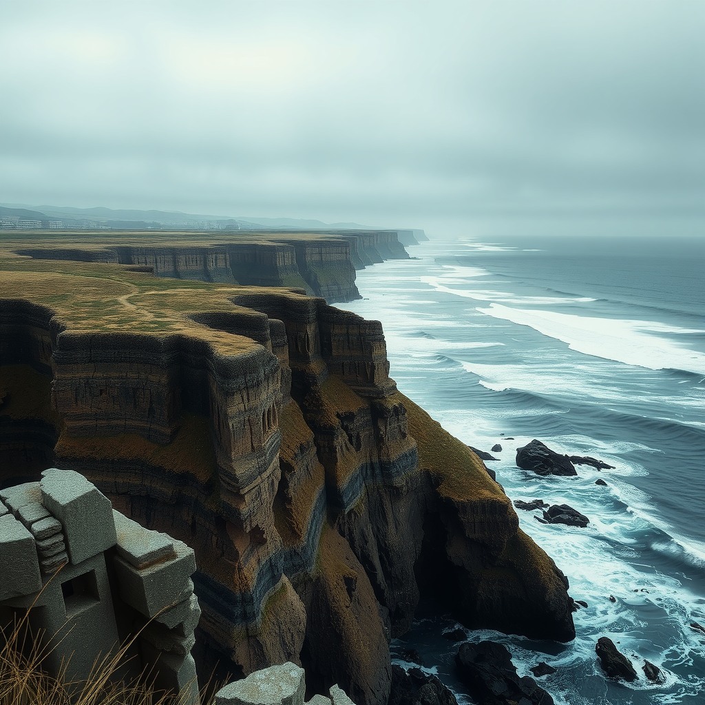 Realistic coastal landscape with rugged cliffs and crashing ocean waves, overcast sky, cinematic composition