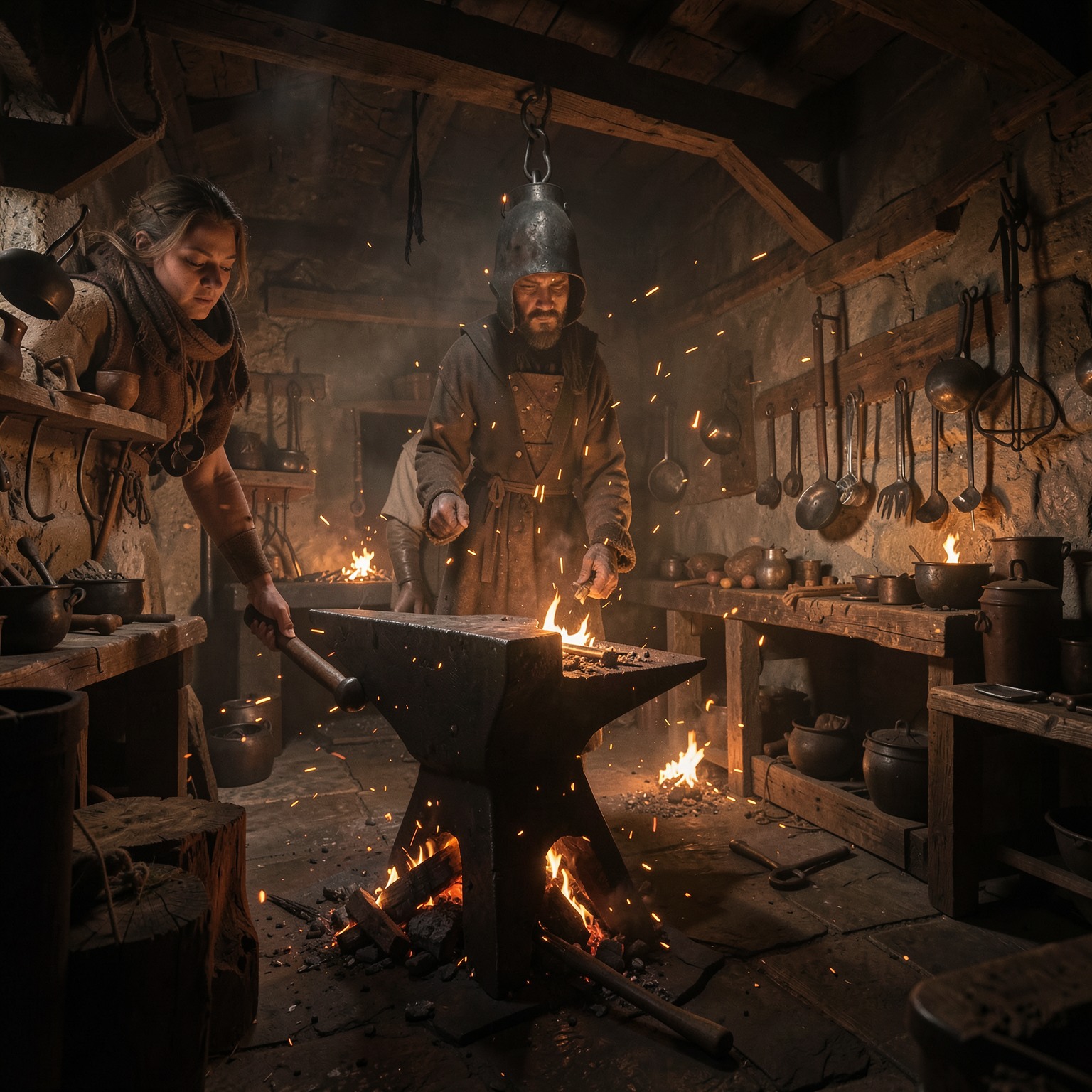Medieval blacksmith workshop with fire sparks everywhere