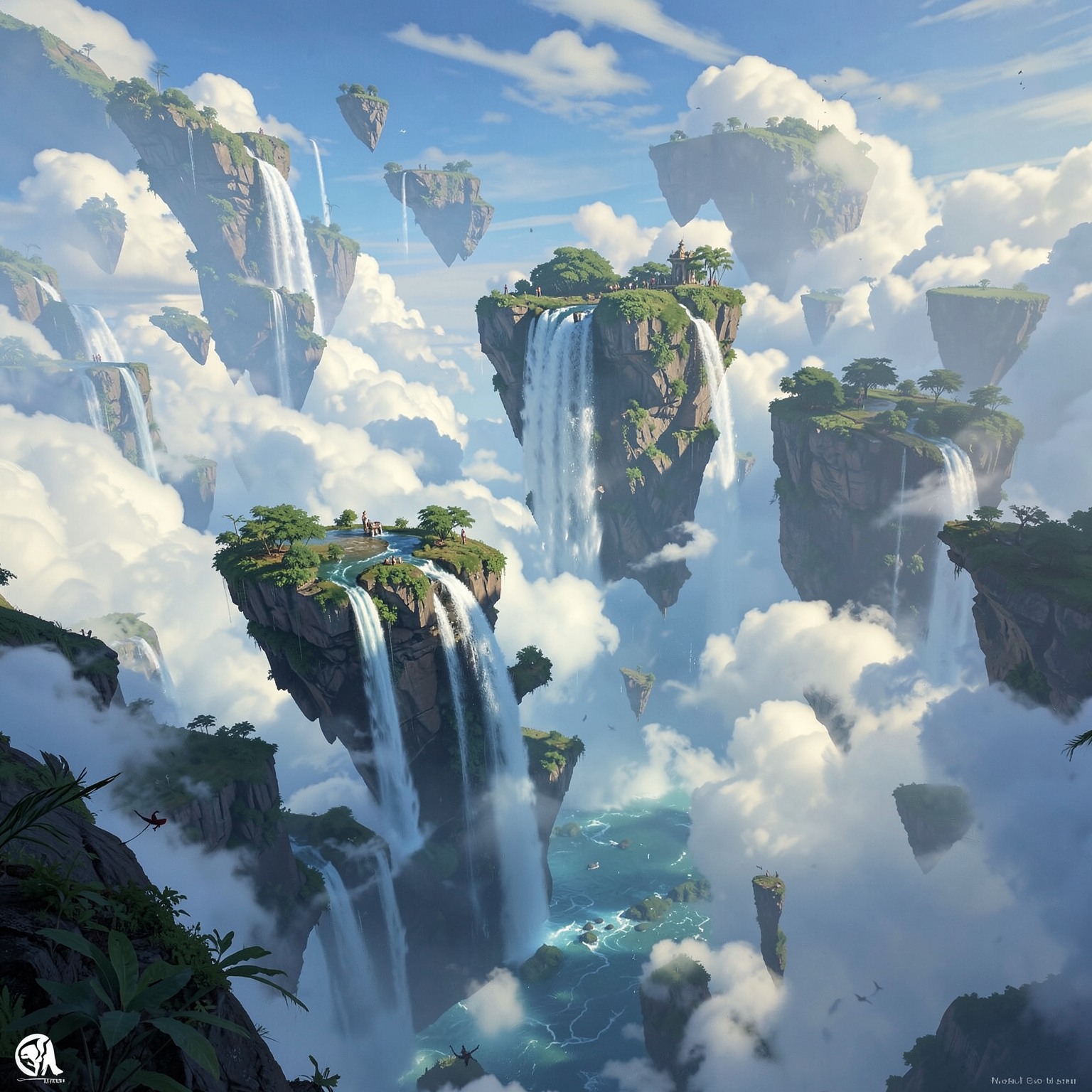 Floating islands in the sky with waterfalls and clouds, fantasy environment