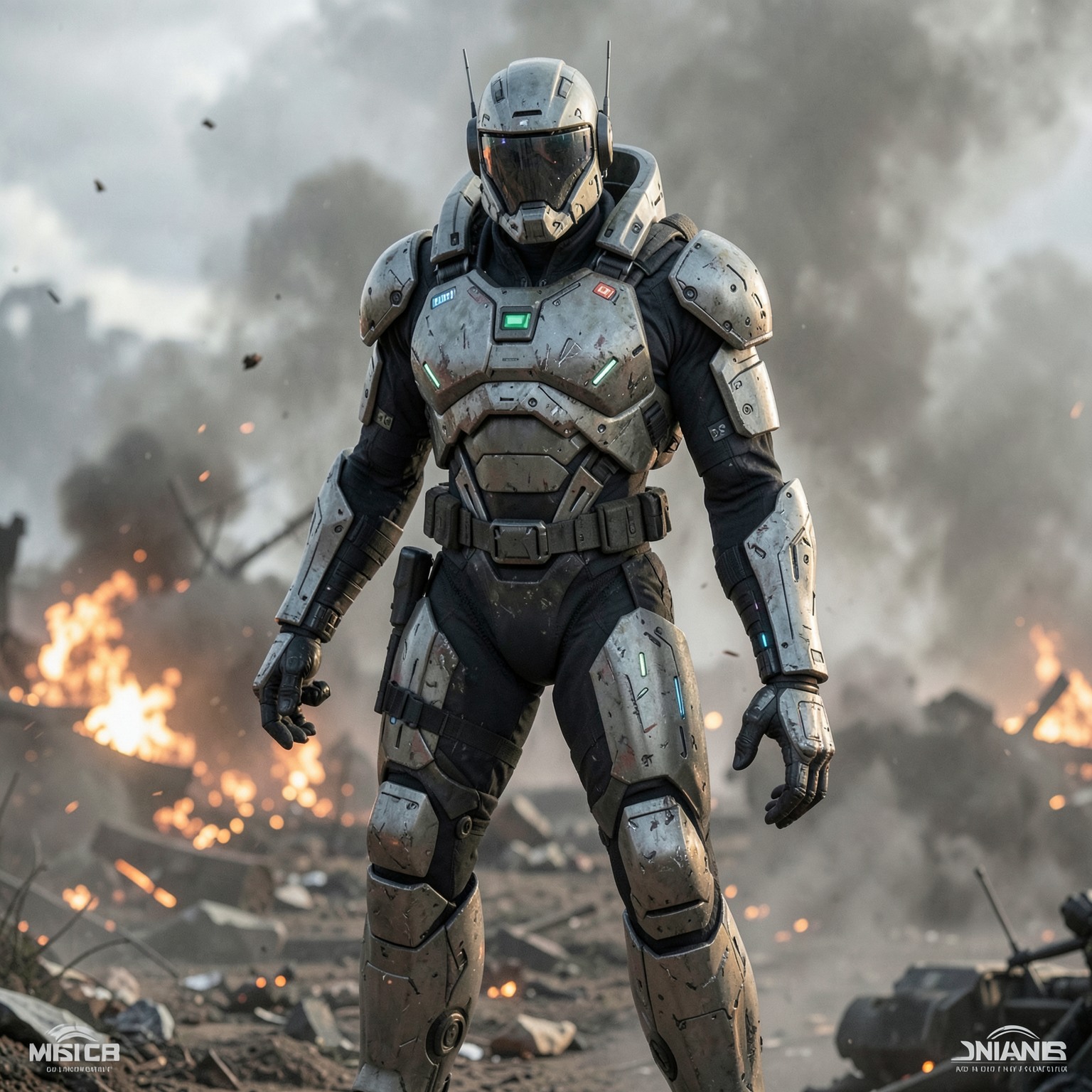futuristic exosuit soldier in battlefield smoke