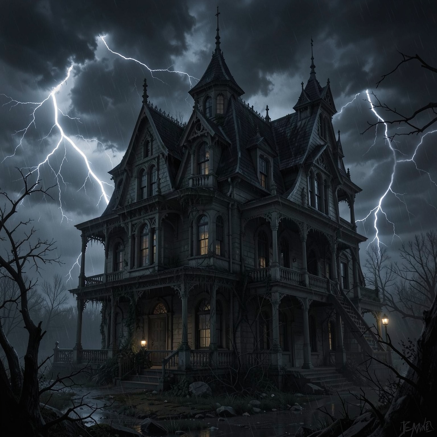 creepy Victorian mansion during thunderstorm