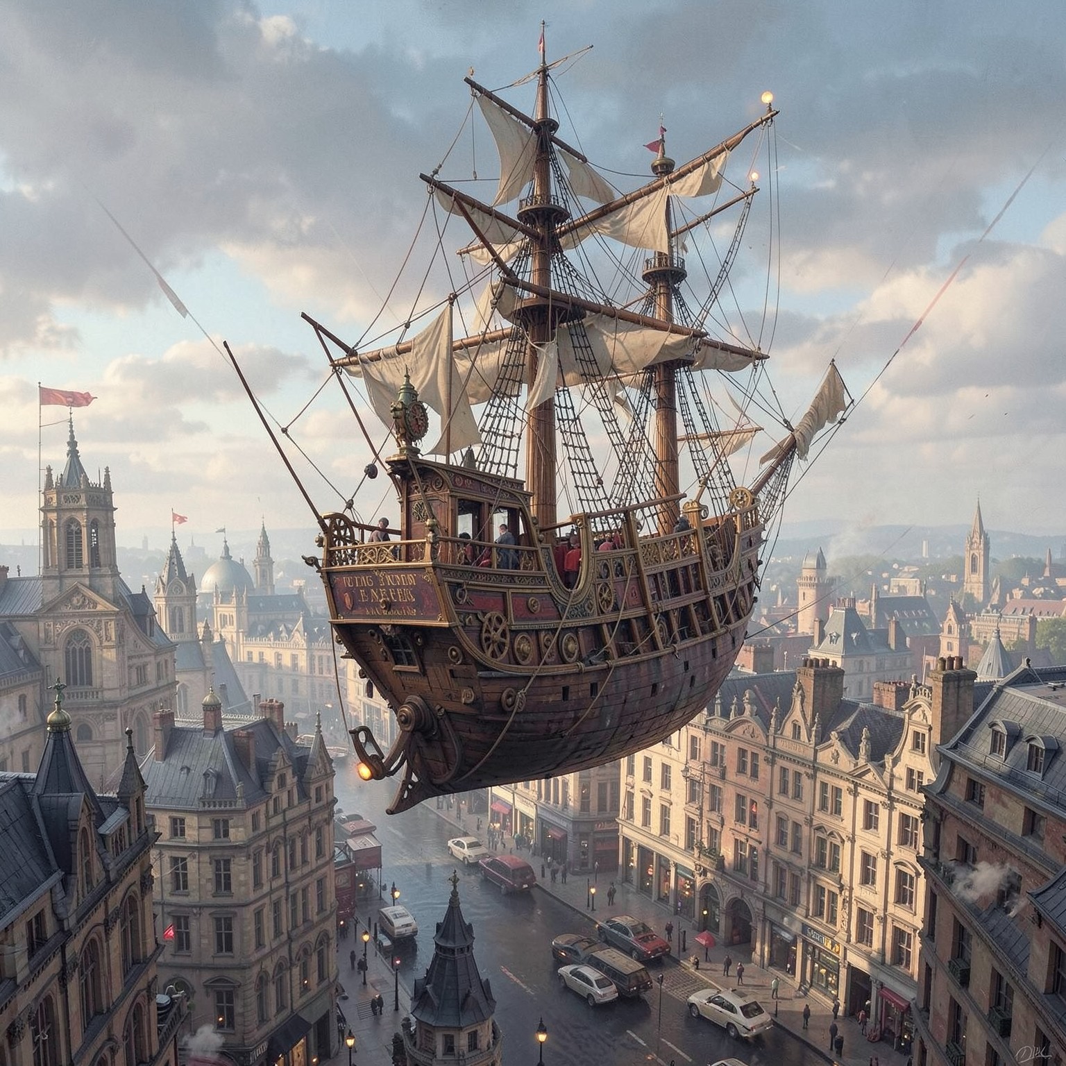 Steampunk airship floating over Victorian London