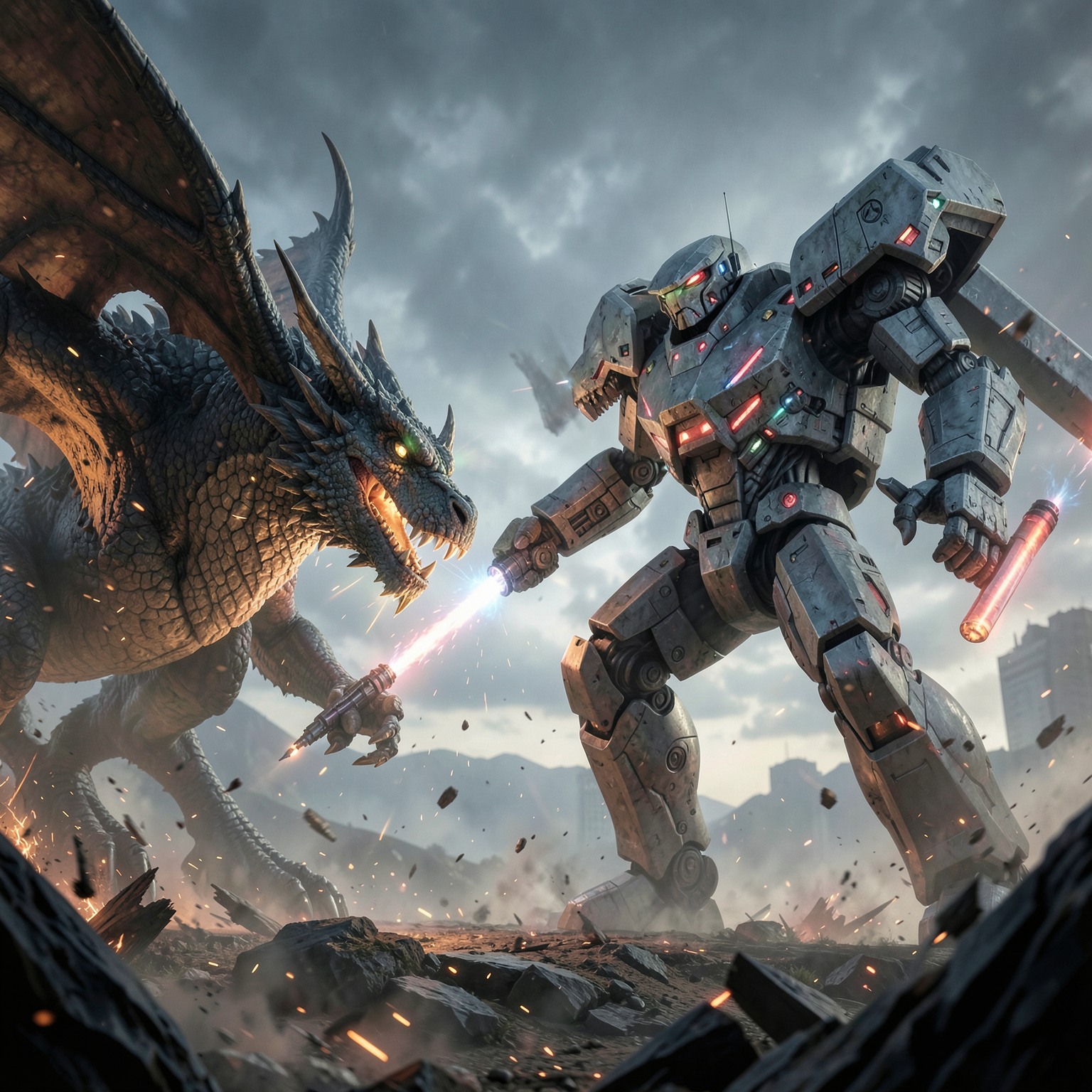 cinematic battle between dragon and giant robot