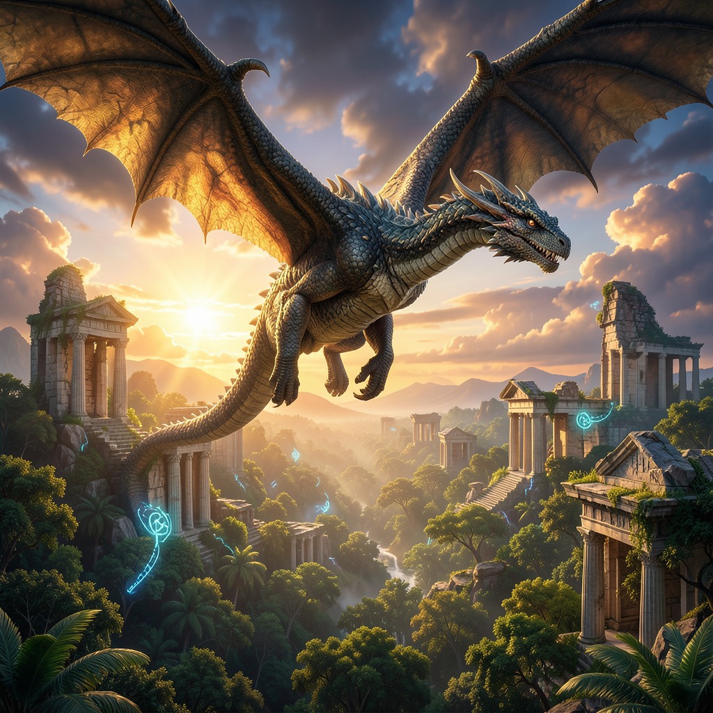 An epic fantasy scene of a majestic dragon flying above ancient ruins, sunrise lighting, detailed scales, mystical glowing runes, lush forest below, cinematic lighting, ultra-realistic shadows, vibrant colors, concept art, 8k HDR style, dramatic clouds.