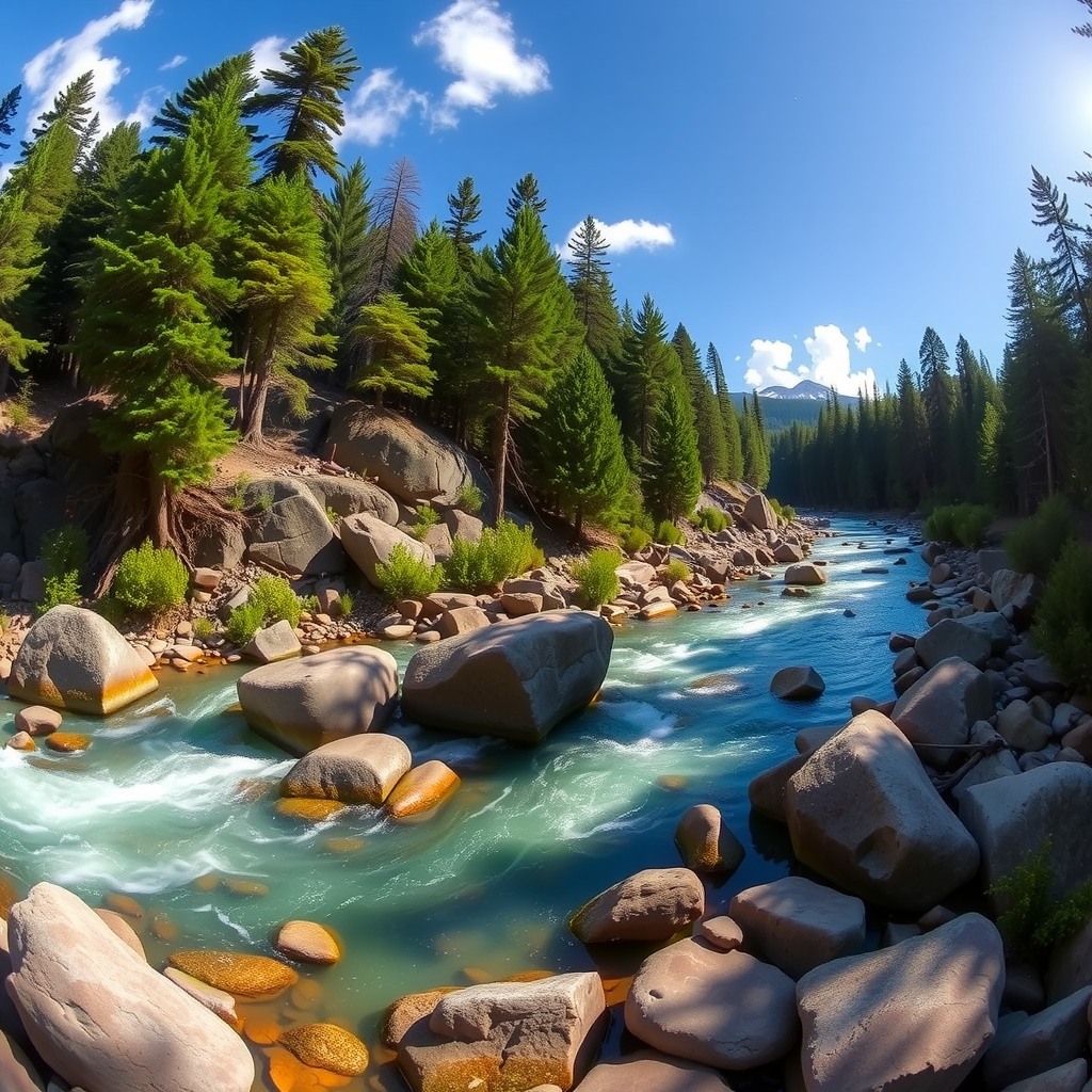 Photo-realistic editorial photography, realistic scene representing forest river panorama