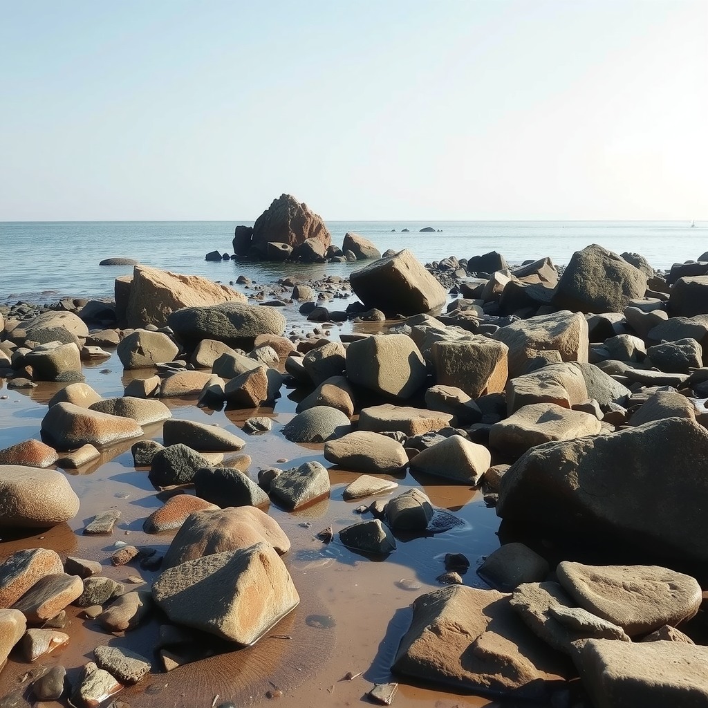 Photo-realistic coastal rocks during low tide, visible textures, clean natural light