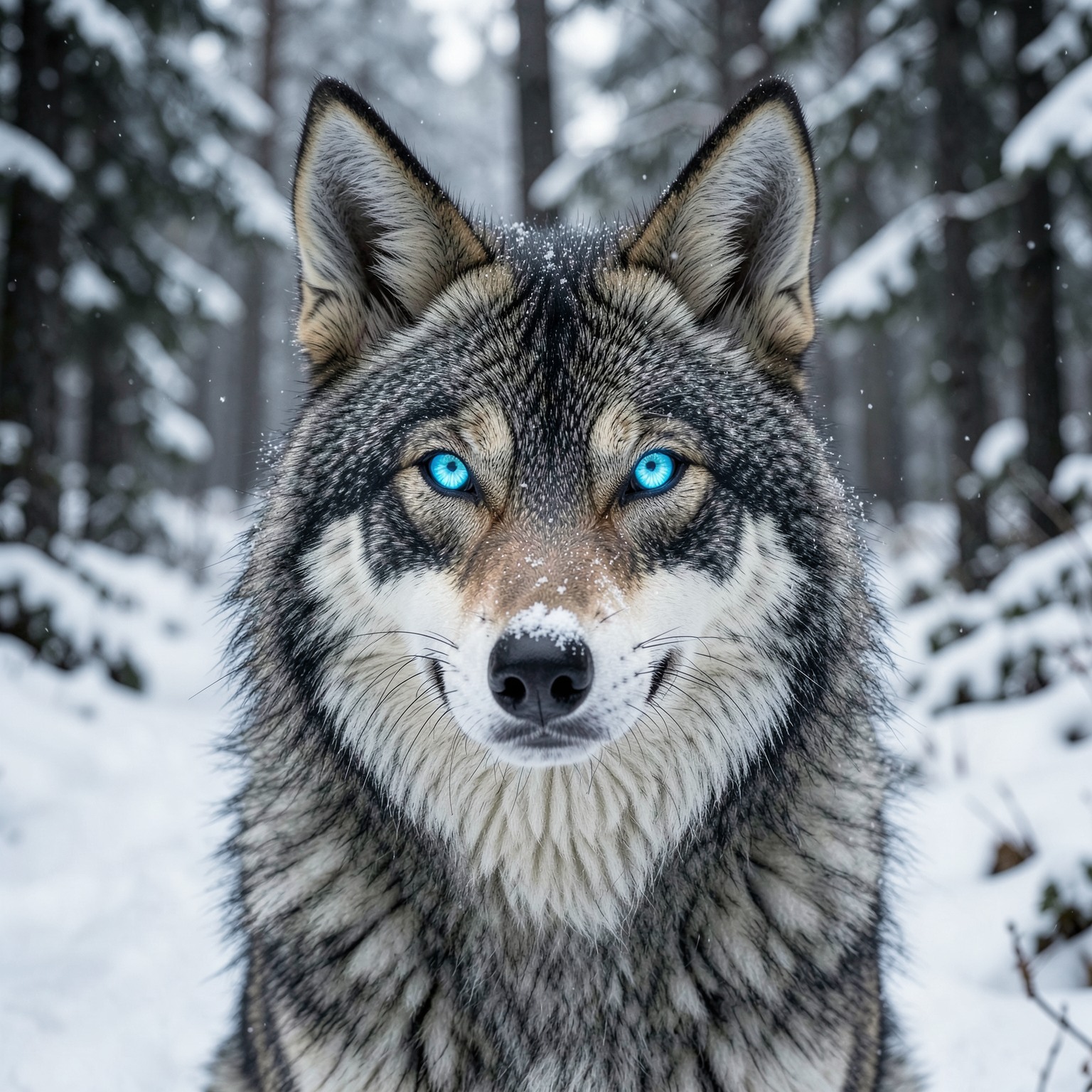 hyper realistic wolf with glowing blue eyes in snowy forest
