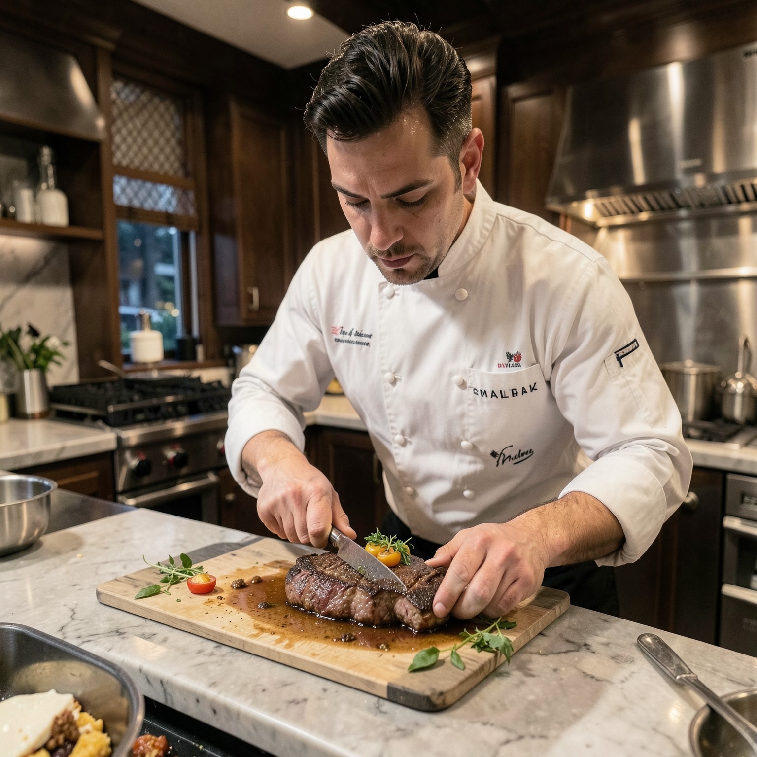 realistic chef preparing gourmet steak in luxury kitchen