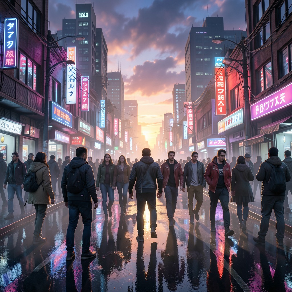 A high-resolution, ultra-detailed illustration of a futuristic cyberpunk city at sunset, neon lights reflecting on wet streets, diverse crowd with stylish outfits, dynamic lighting, cinematic composition, sharp focus, vibrant colors, dramatic clouds in sky, long shadows, 8k resolution style, hyper-realistic textures, professional concept art, soft atmospheric fog, beautiful depth of field.