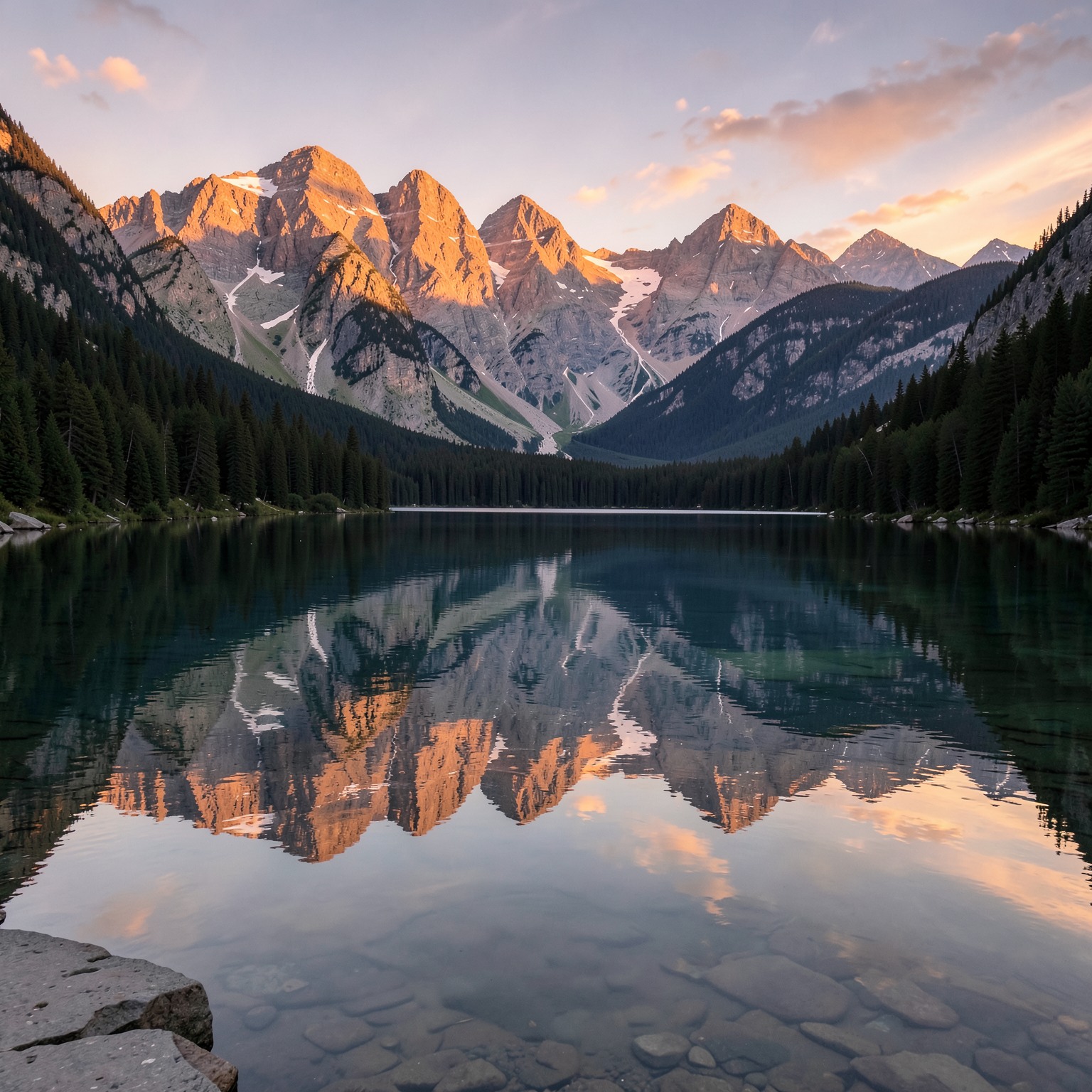 realistic mountain lake reflection during sunrise, ultra detailed nature