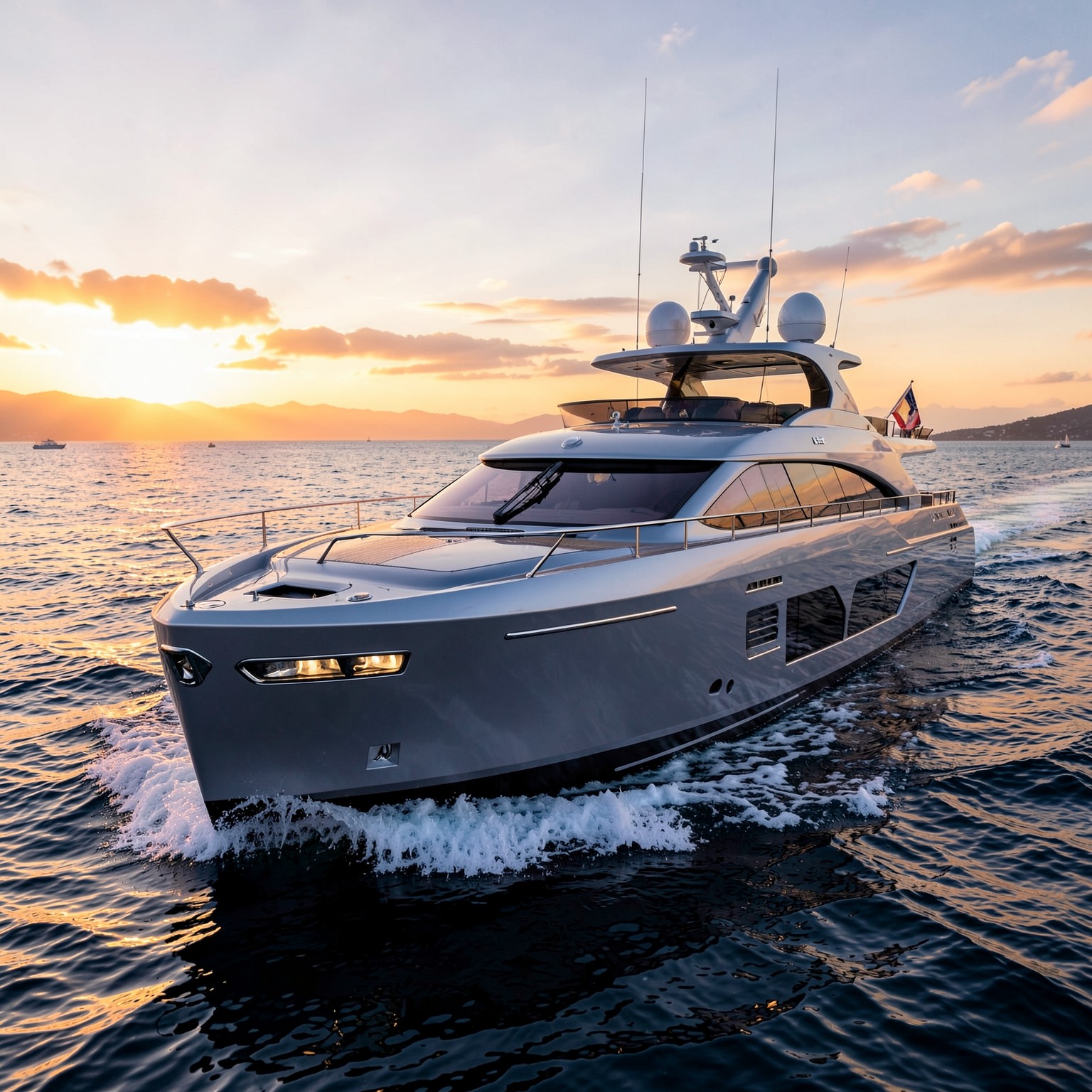 futuristic luxury yacht sailing at sunset
