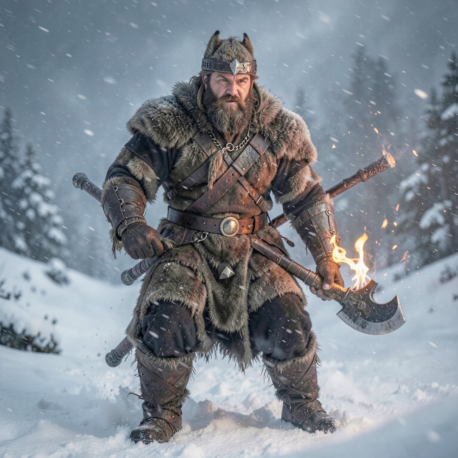 Viking warrior in snowstorm holding flaming axe, cinematic realism