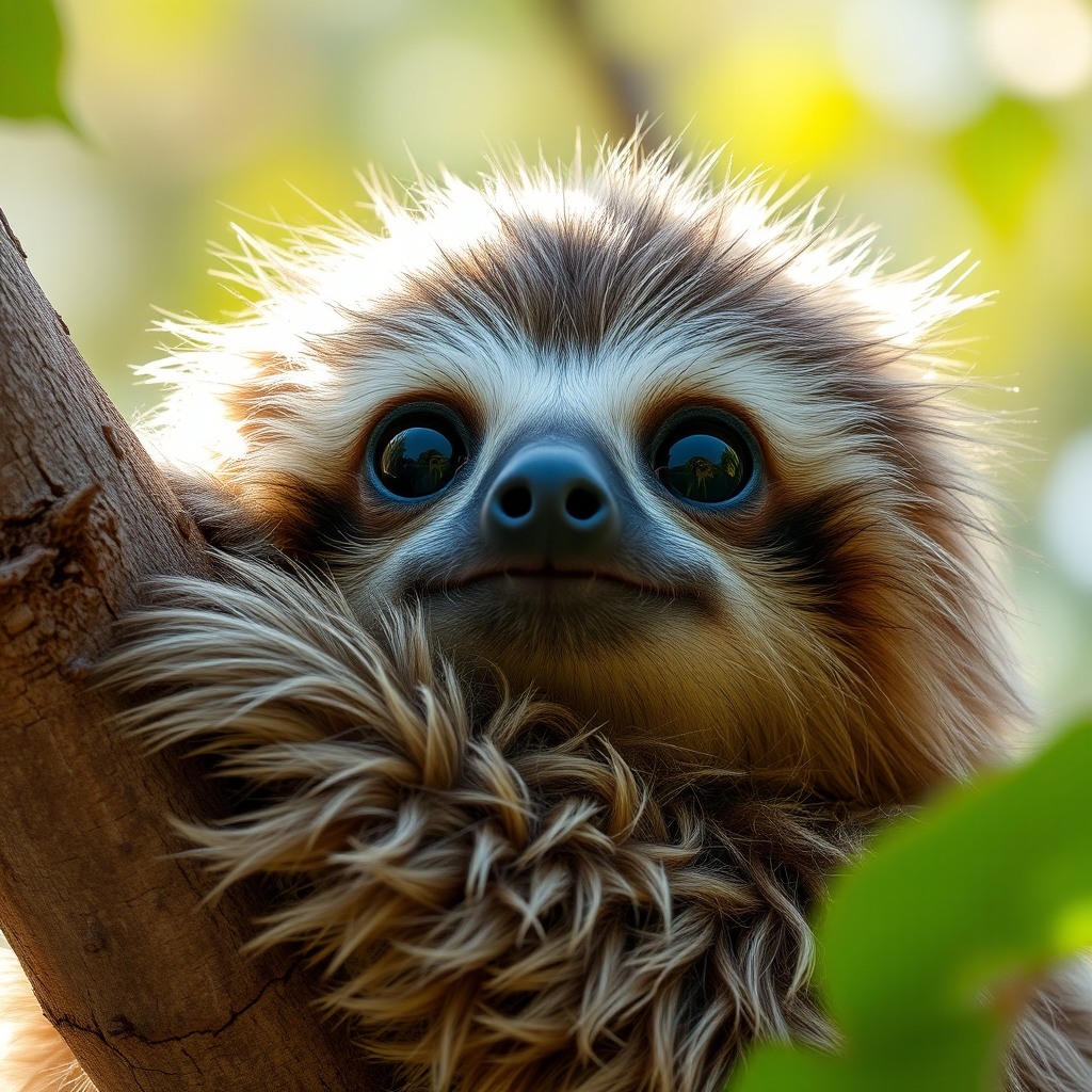 fluffy sloth, soft natural daylight, big sparkling eyes