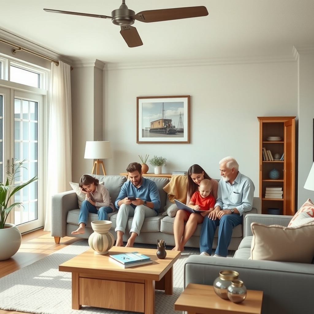 Photo-realistic editorial photography, realistic scene representing a family spending time together in living room
