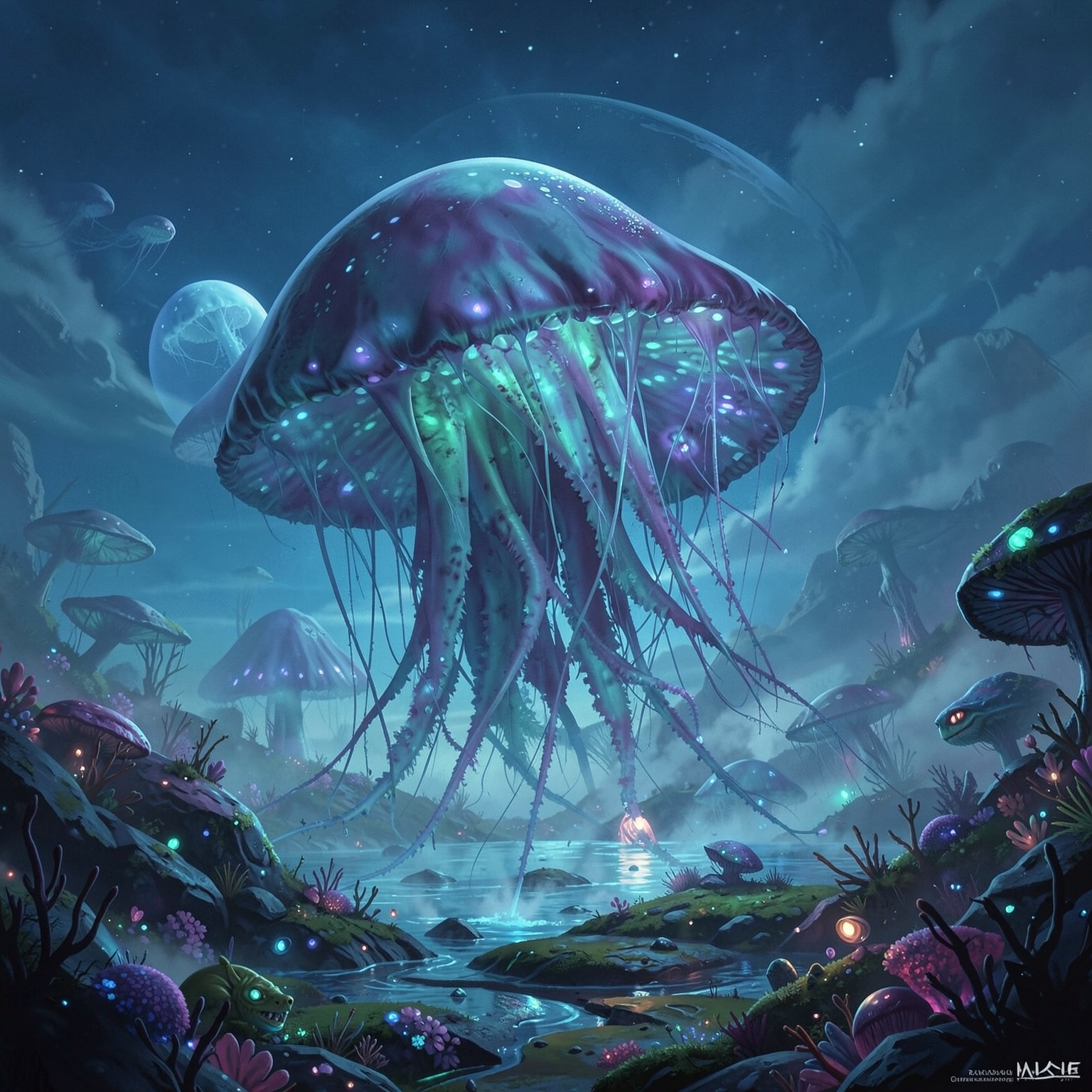 Alien ocean world with giant jellyfish