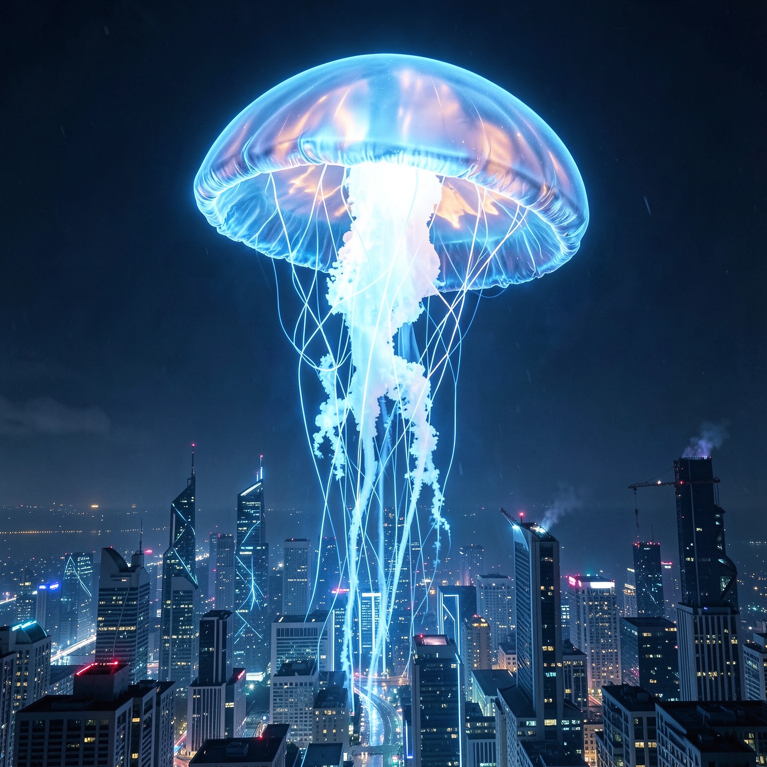 giant glowing jellyfish floating above a futuristic city skyline at night