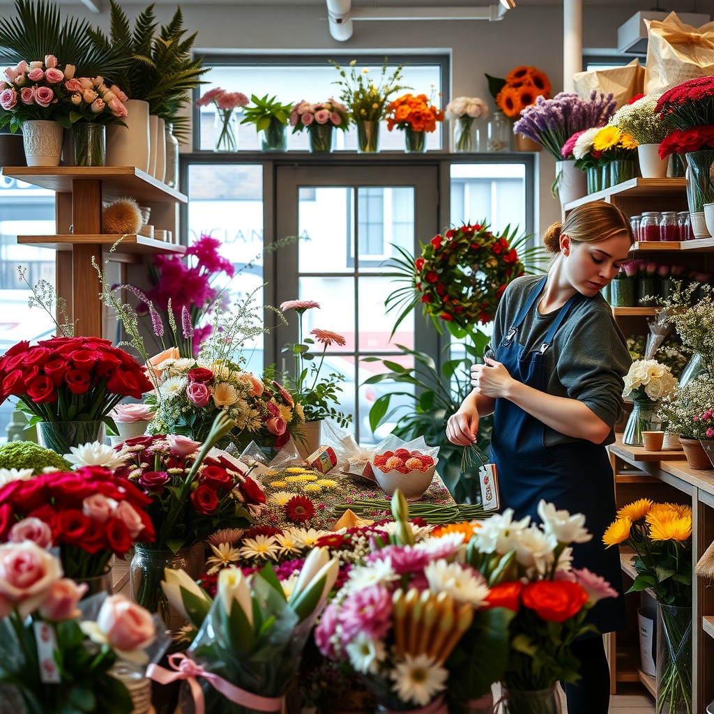 Photo-realistic editorial photography, realistic scene representing a florist arranging fresh flowers in shop