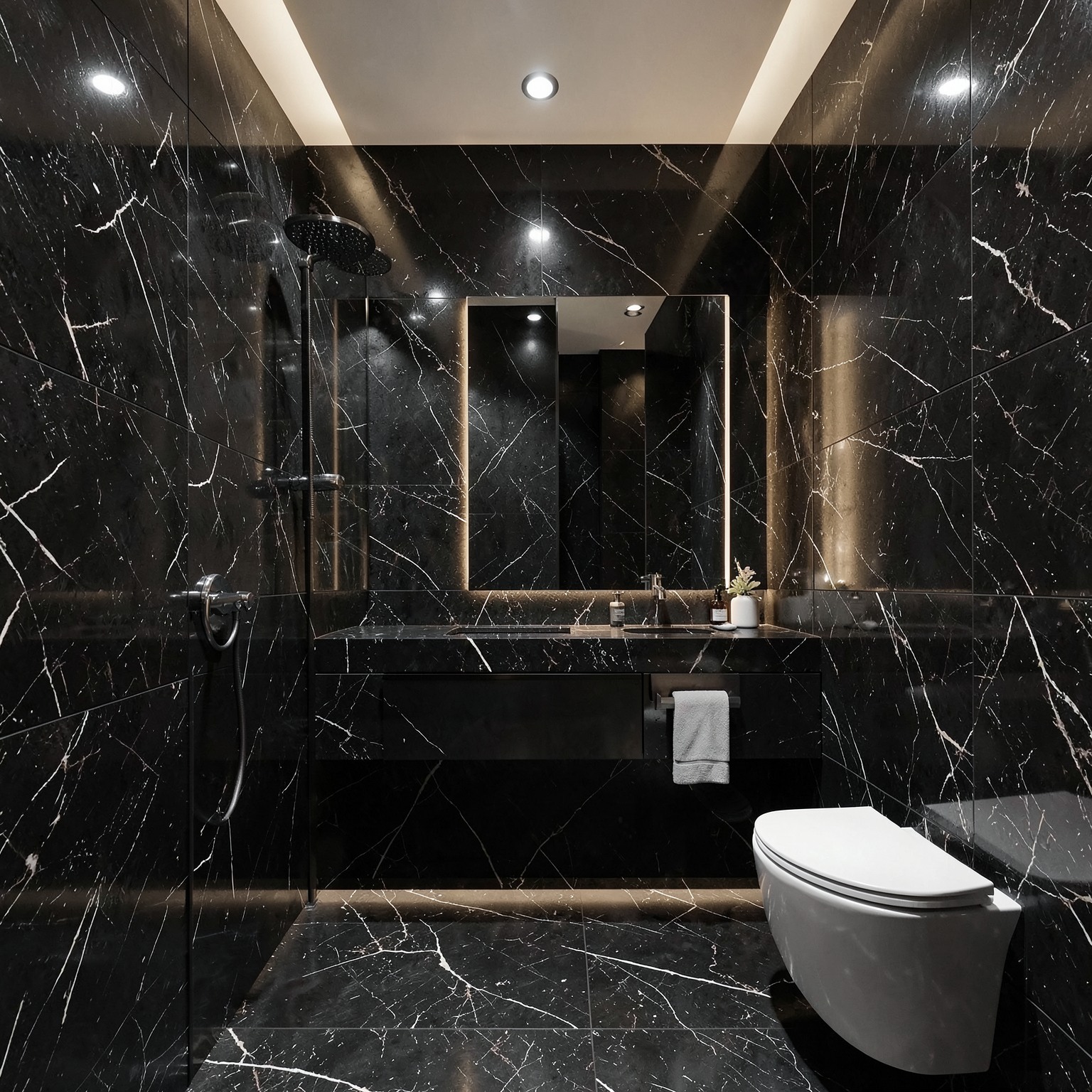 luxury black marble bathroom interior with ambient lighting