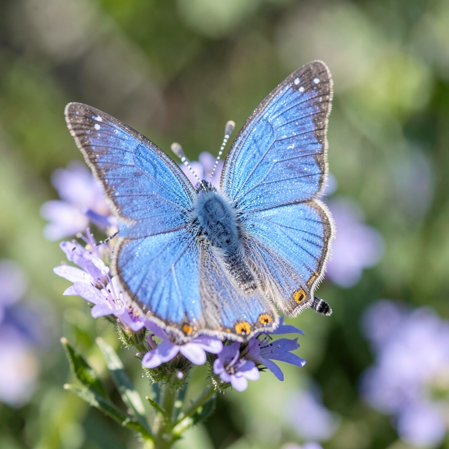 realistic close-up of blue butterfly on flower
