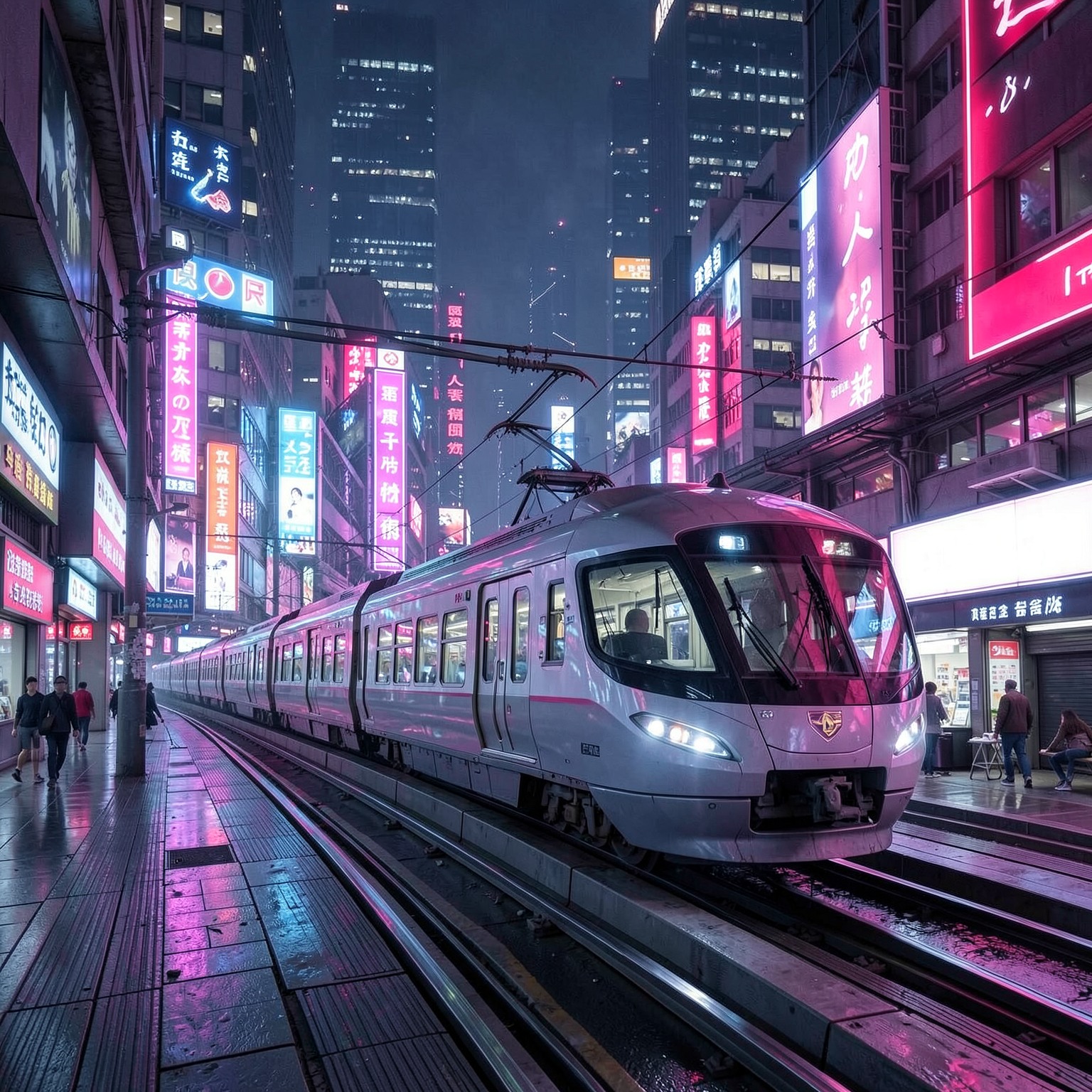 futuristic train crossing neon megacity
