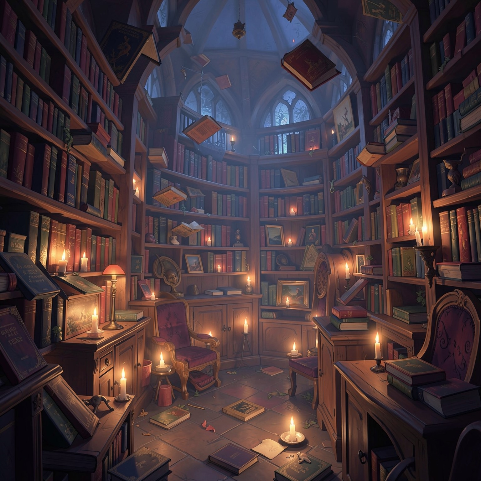 magical library with floating books and glowing candles