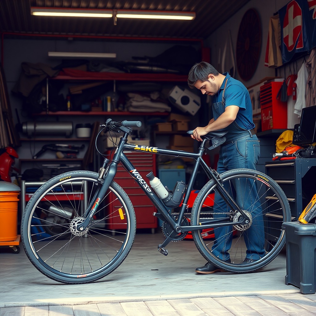 Photo-realistic editorial photography, realistic scene representing a man repairing bicycle in garage