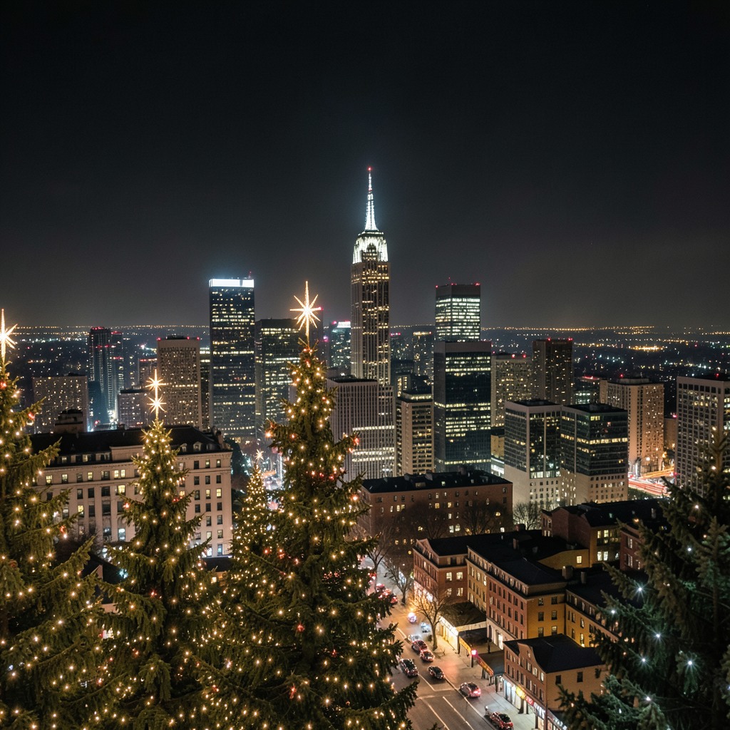 christmas night city skyline, glowing lights, cinematic realism