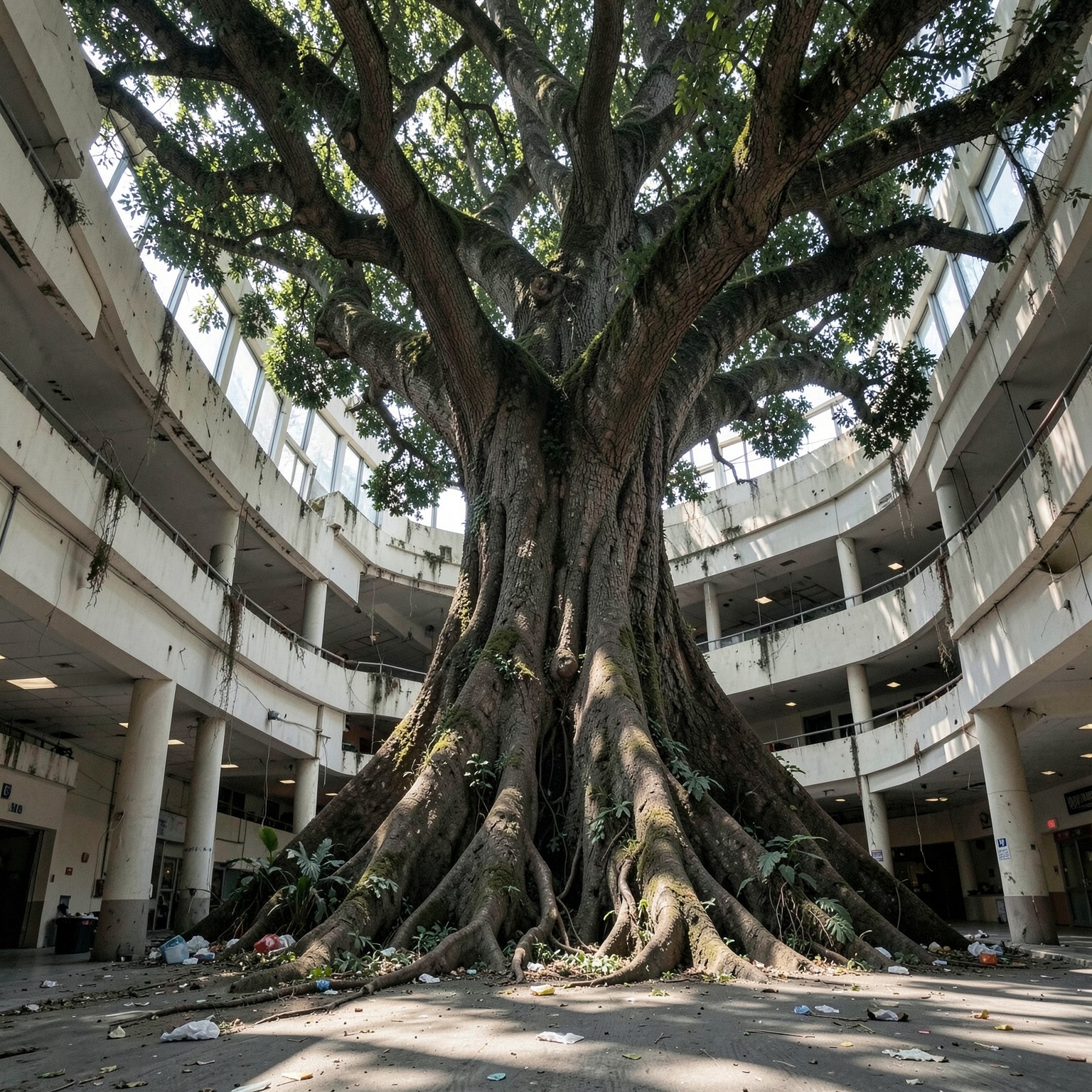 gigantic tree growing inside abandoned mall