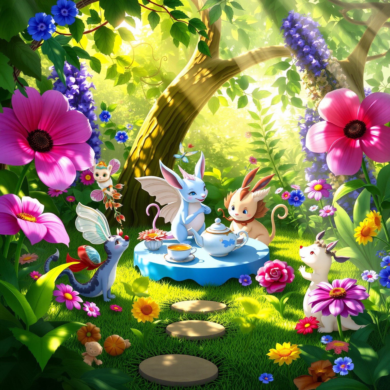 A whimsical tea party set in a lush garden, featuring fantastical creatures and vivid flowers, with sunlight filtering through the leaves creating a playful atmosphere.