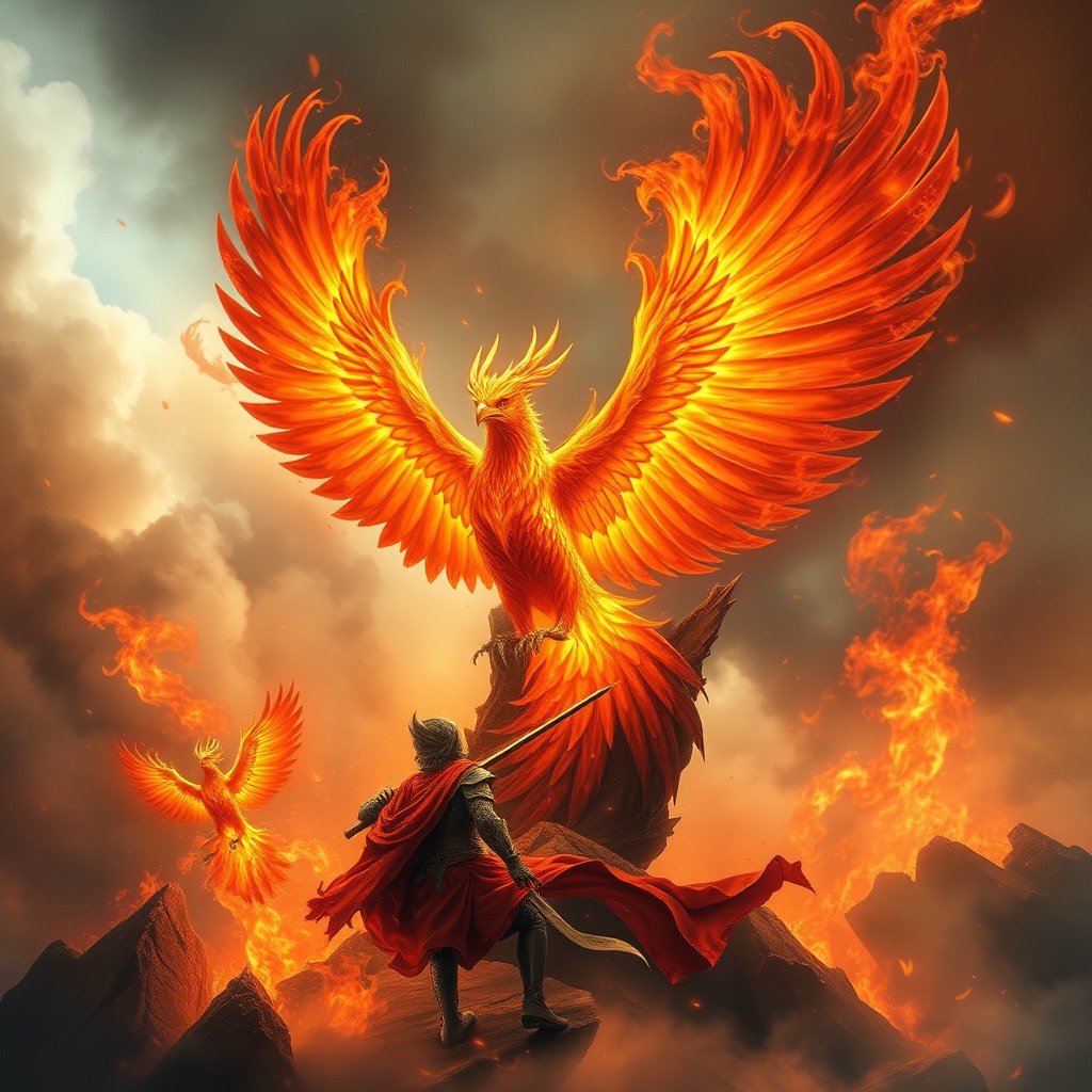 fantasy phoenix rising from ashes, fiery wings, epic composition