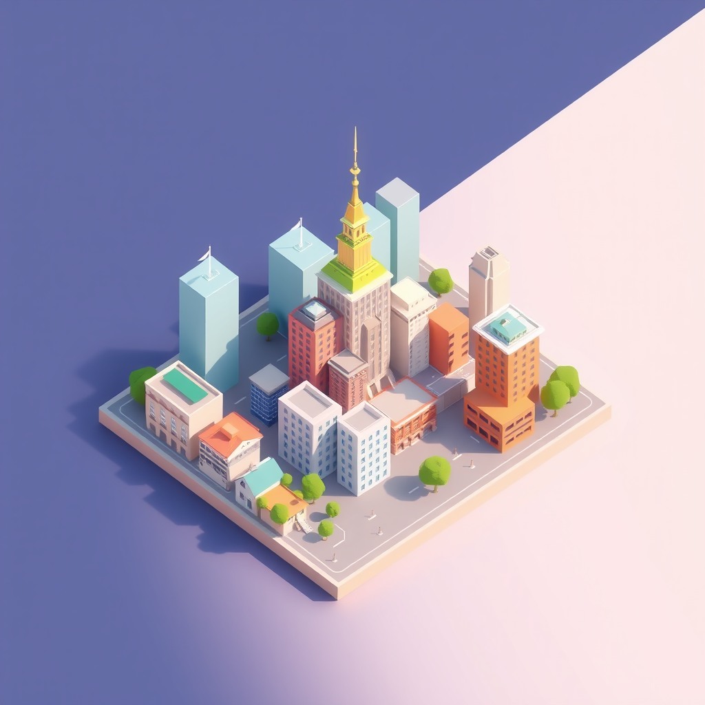 isometric low poly city, clean geometry, pastel palette, minimal shadows