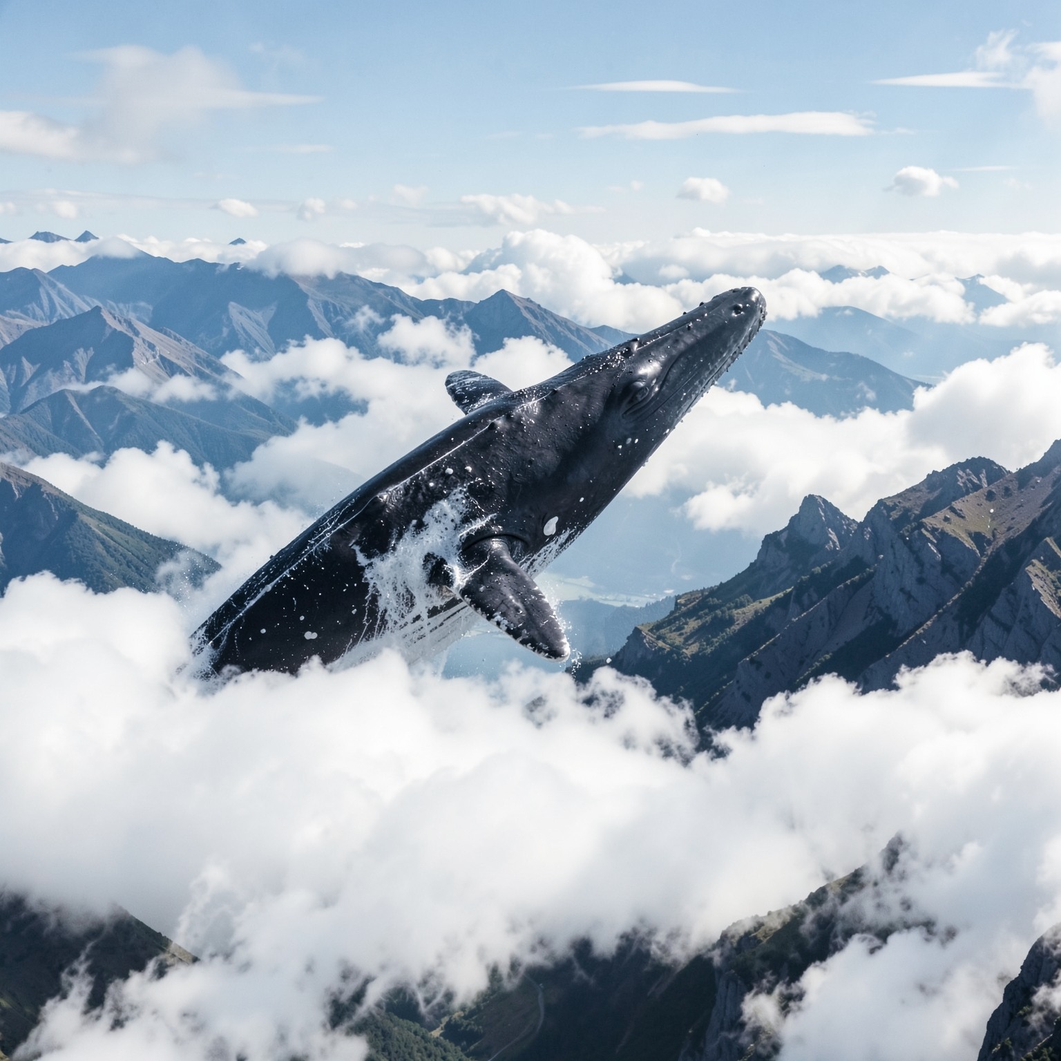 Giant whale swimming through clouds above mountains