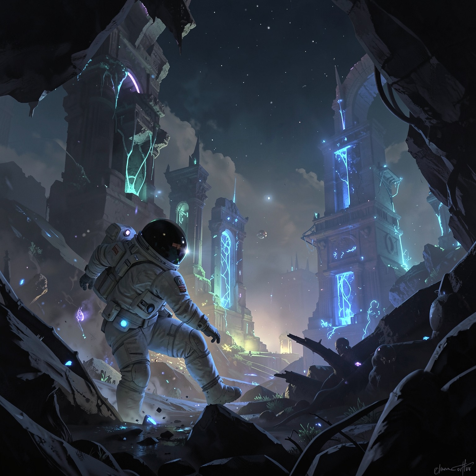 astronaut discovering glowing alien ruins