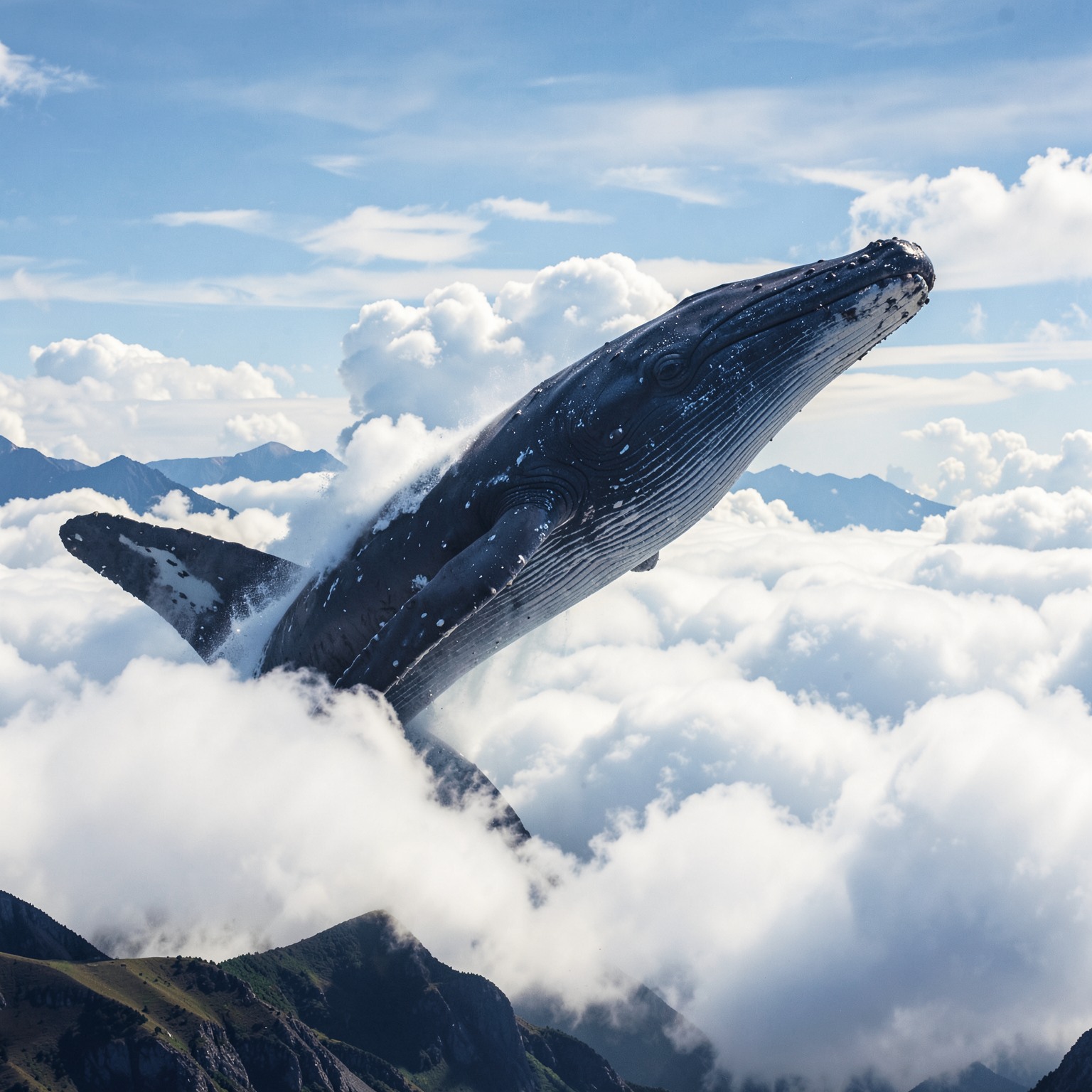 giant whale swimming through clouds above mountains