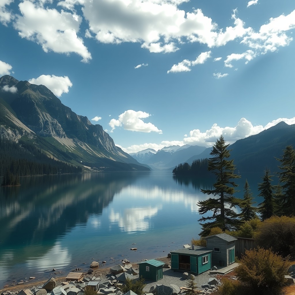 Photo-realistic editorial photography, realistic scene representing remote lake
