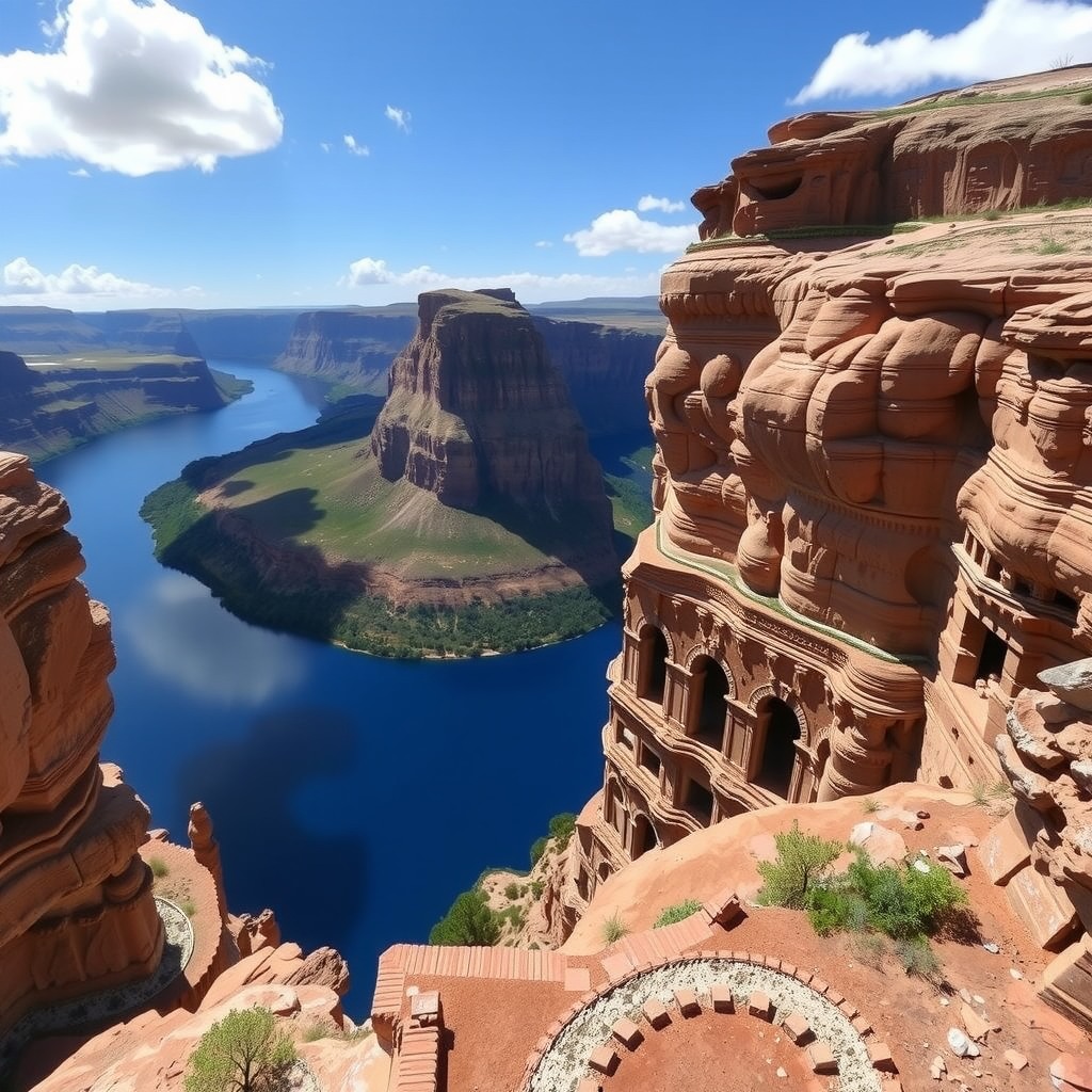 Photo-realistic landscape of high cliffs overlooking a deep blue lake, strong depth