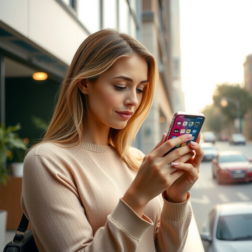 Photo-realistic editorial photography, realistic scene representing a woman browsing social media on smartphone