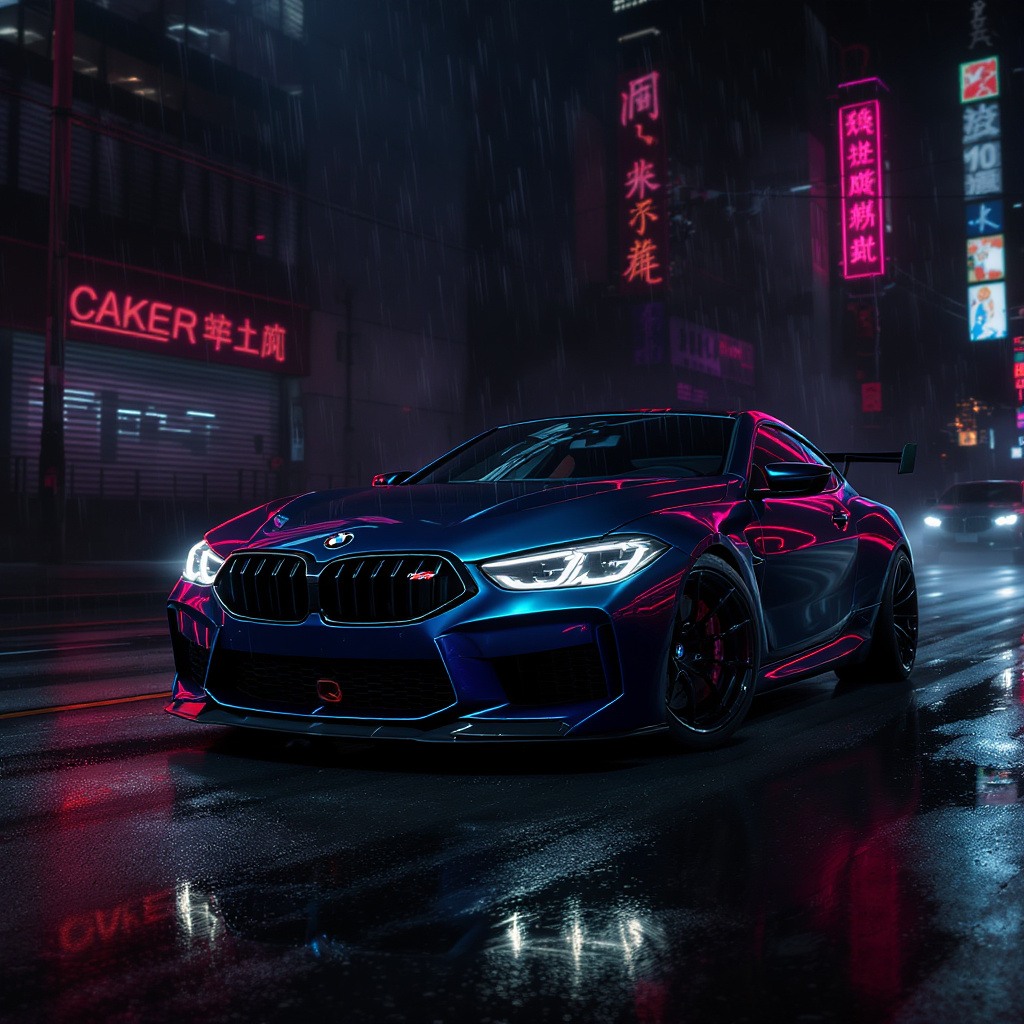 bmw m8 sport car, cyberpunk, cinematic lighting