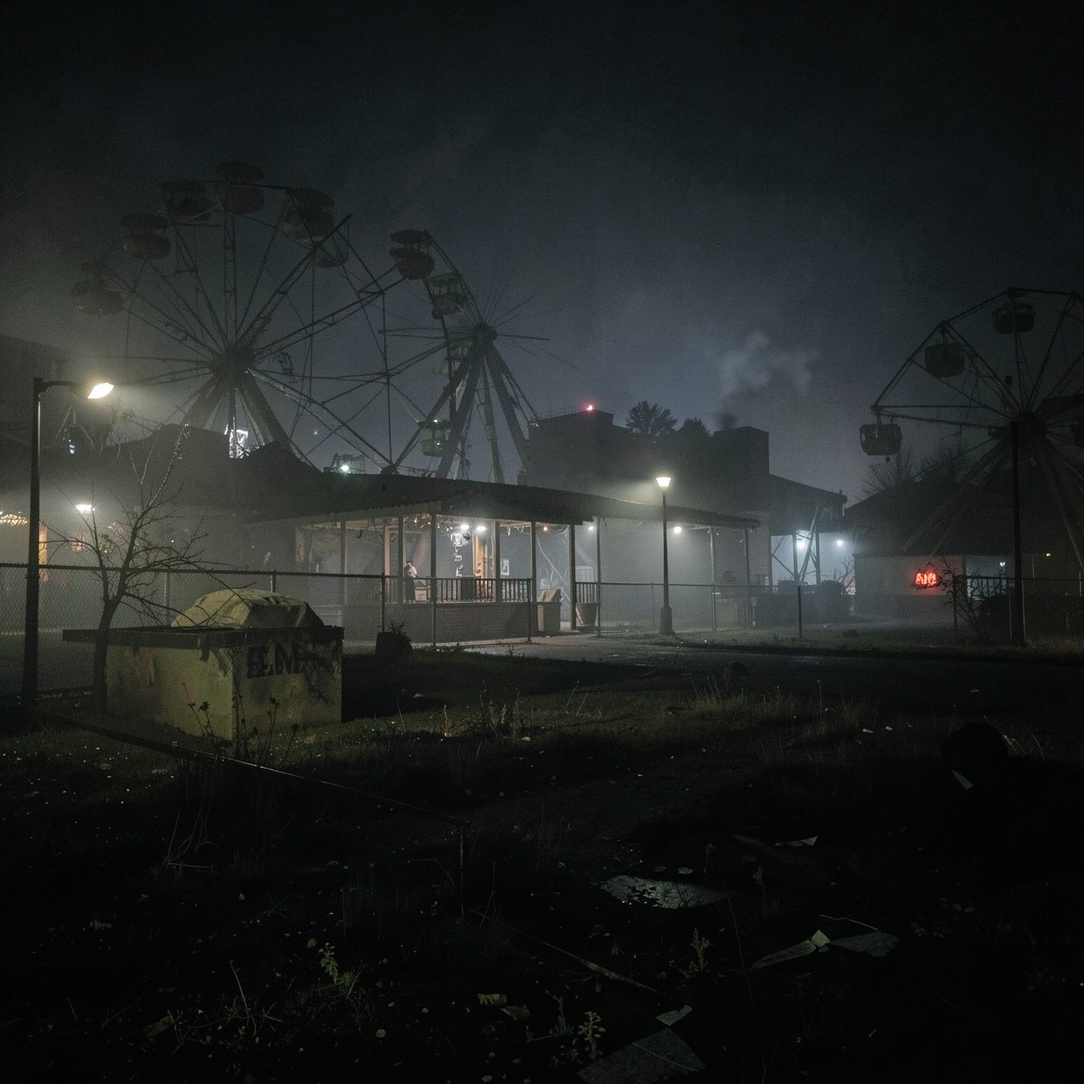 abandoned amusement park at night with fog and broken lights