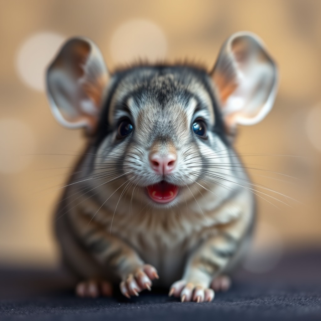 playful chinchilla, bokeh background, big sparkling eyes
