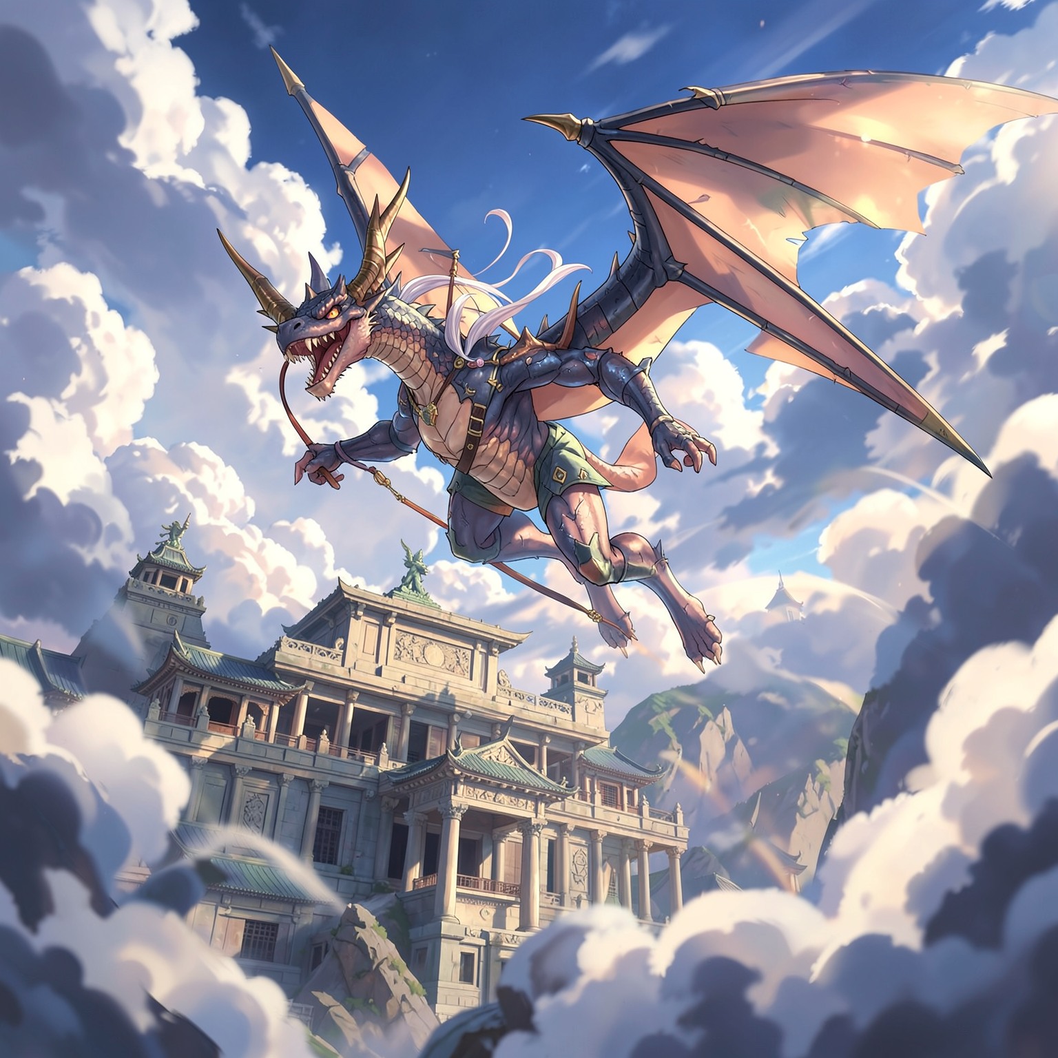 anime dragon flying above ancient temple, epic clouds