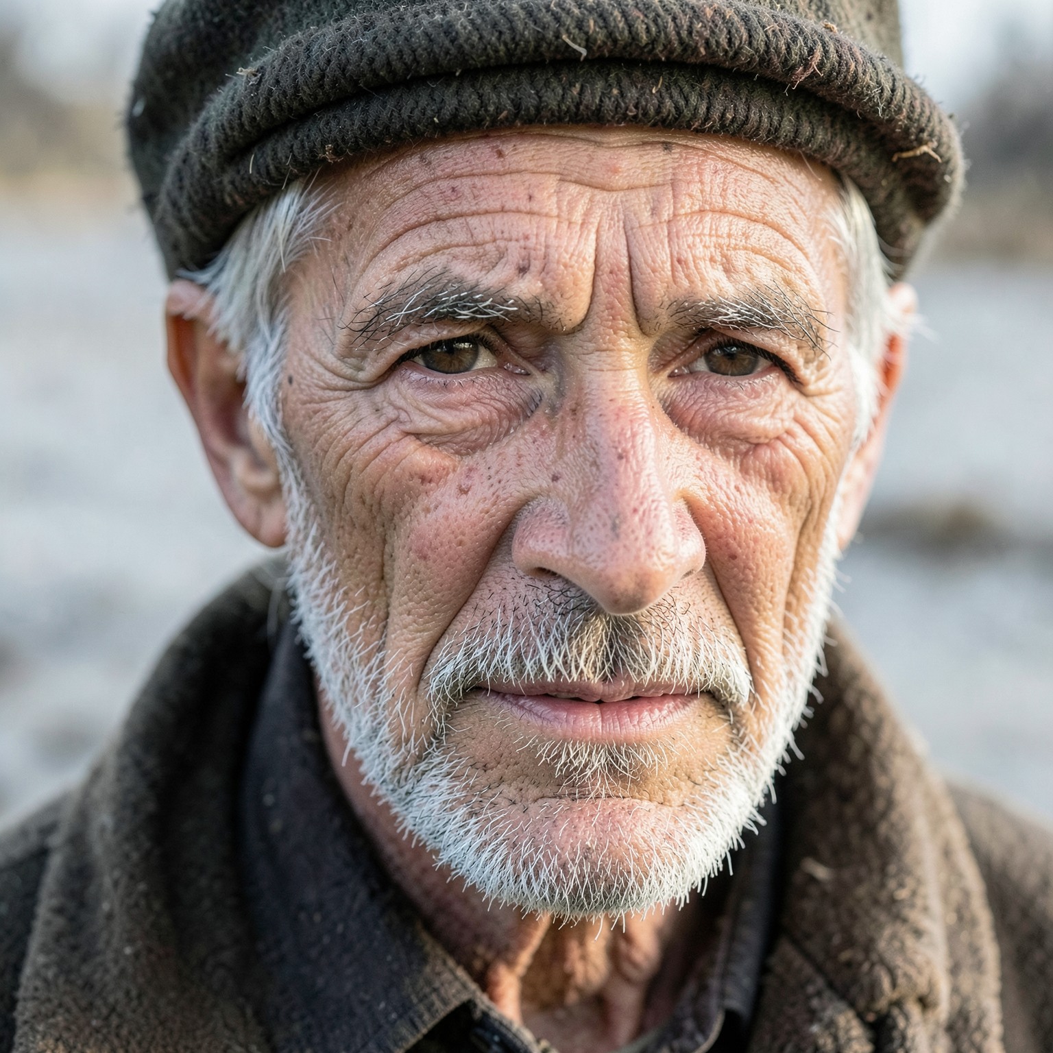 realistic close-up portrait of old fisherman with weathered skin